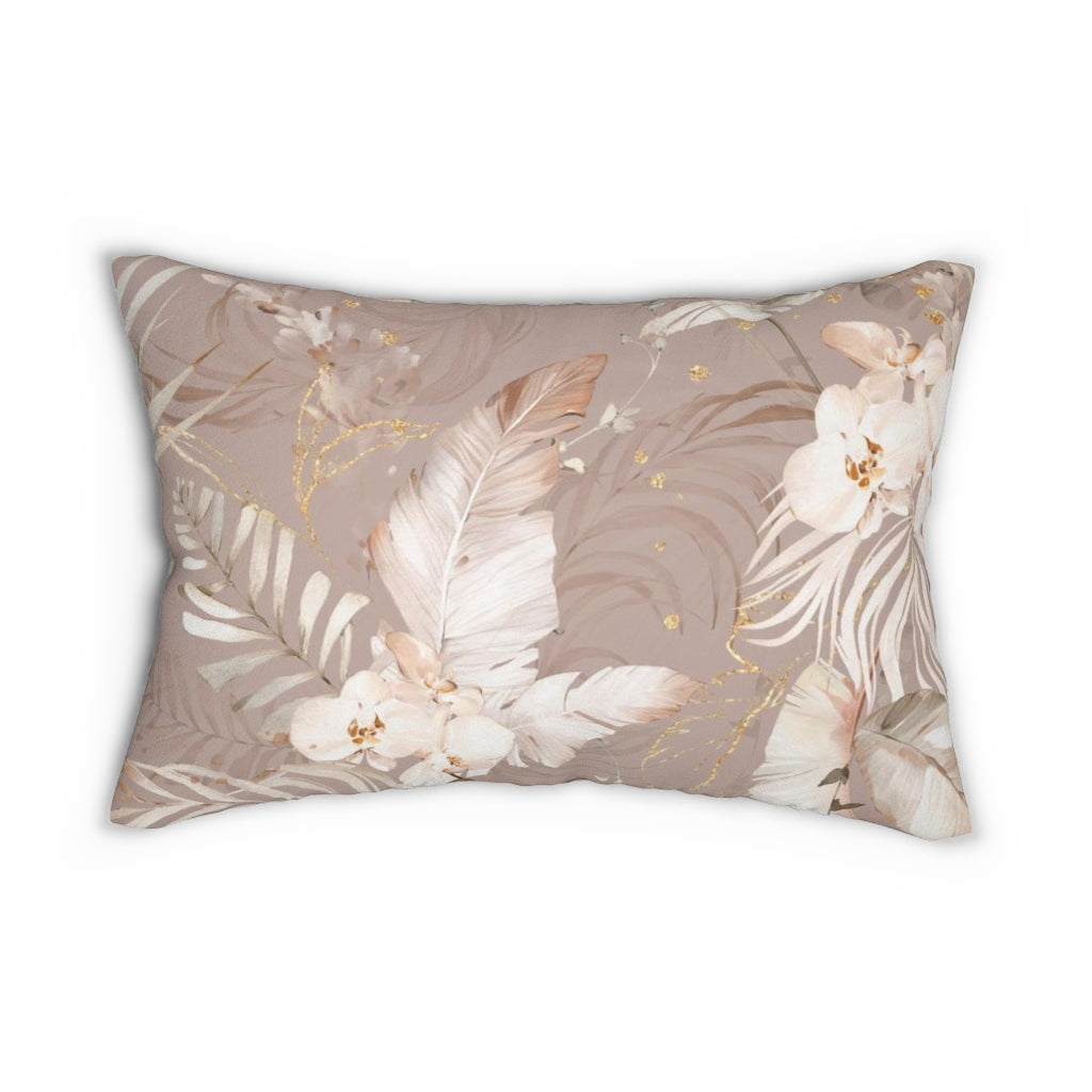Floral Boho Lumbar Pillow | Beige White Tropical Leaves