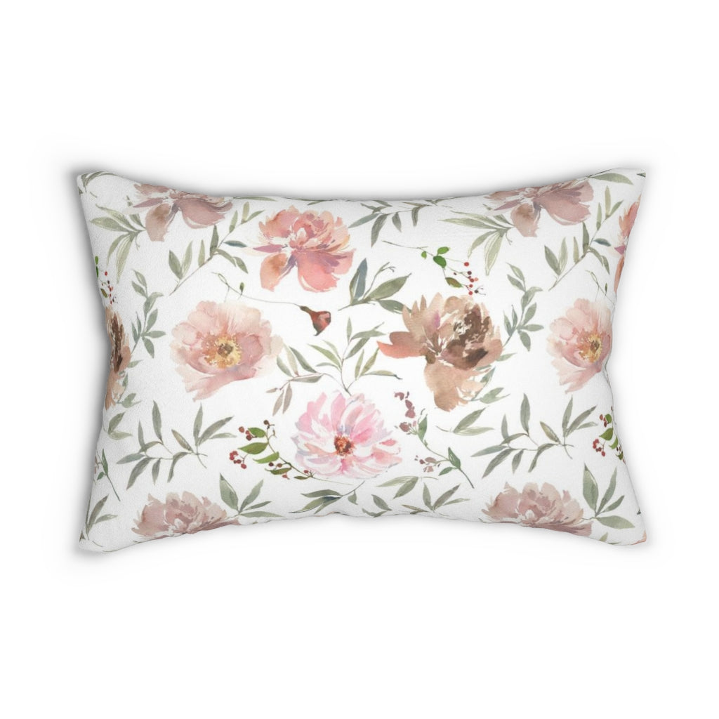 Floral Boho Lumbar Pillow | Beige Pastel Pink Peonies