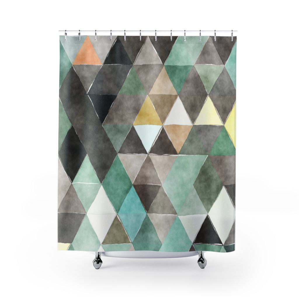 a shower curtain with a pattern of triangles