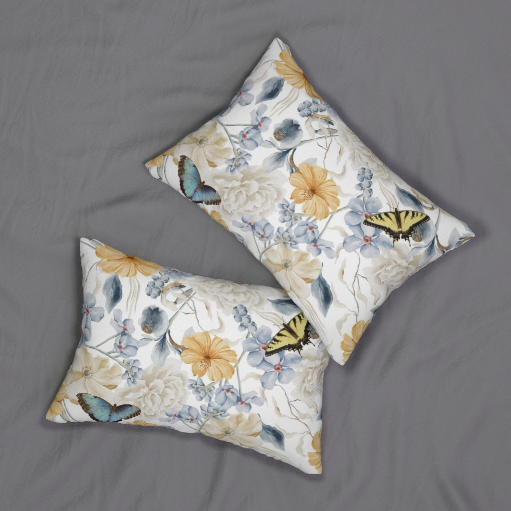 Floral Boho Lumbar Pillow | Yellow White Blue Butterflies