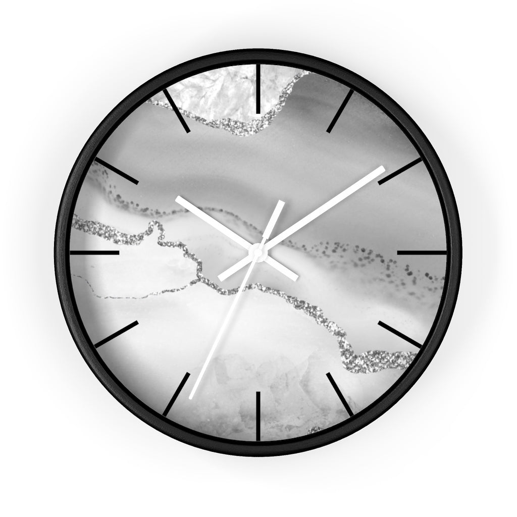 Marble Print, Wood, Wall Clock, Gray Silver 10"