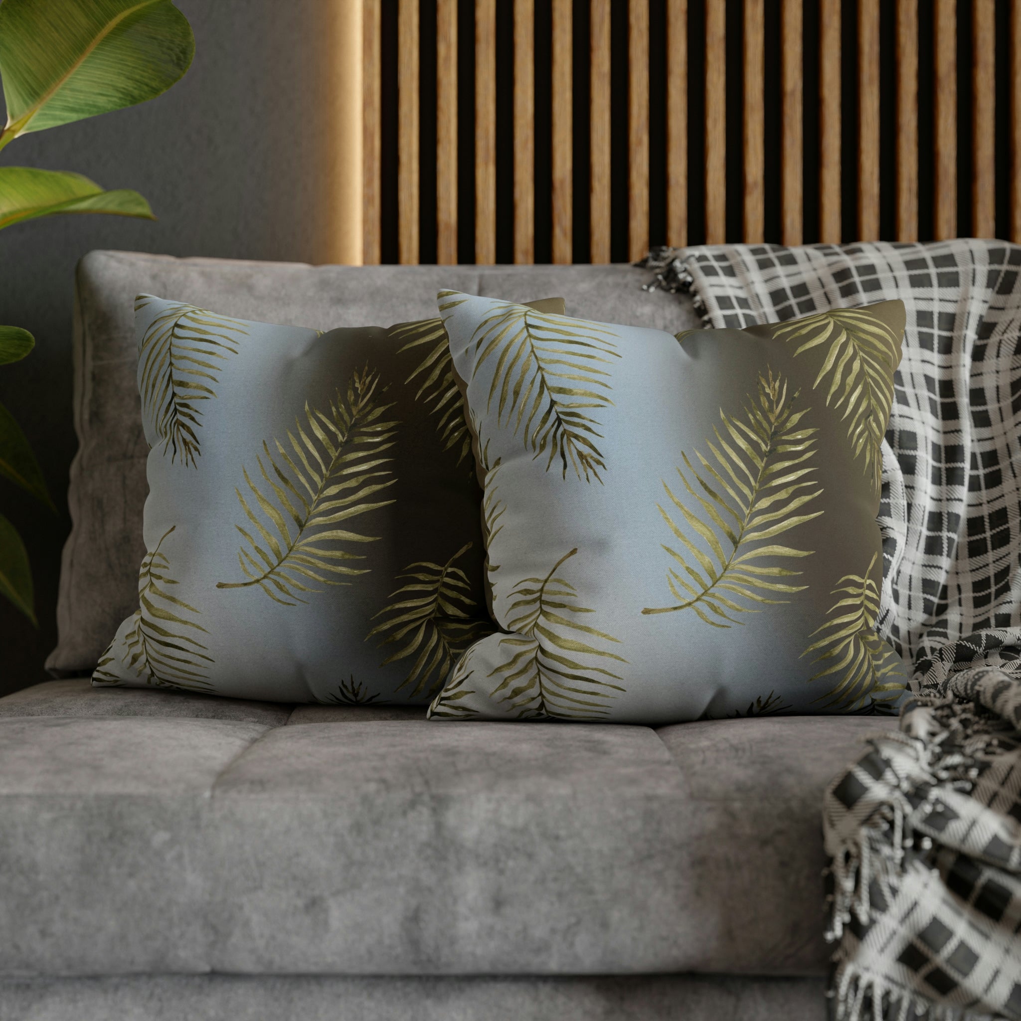 Floral Boho Pillow Cover | Palm Leaves Blue Beige