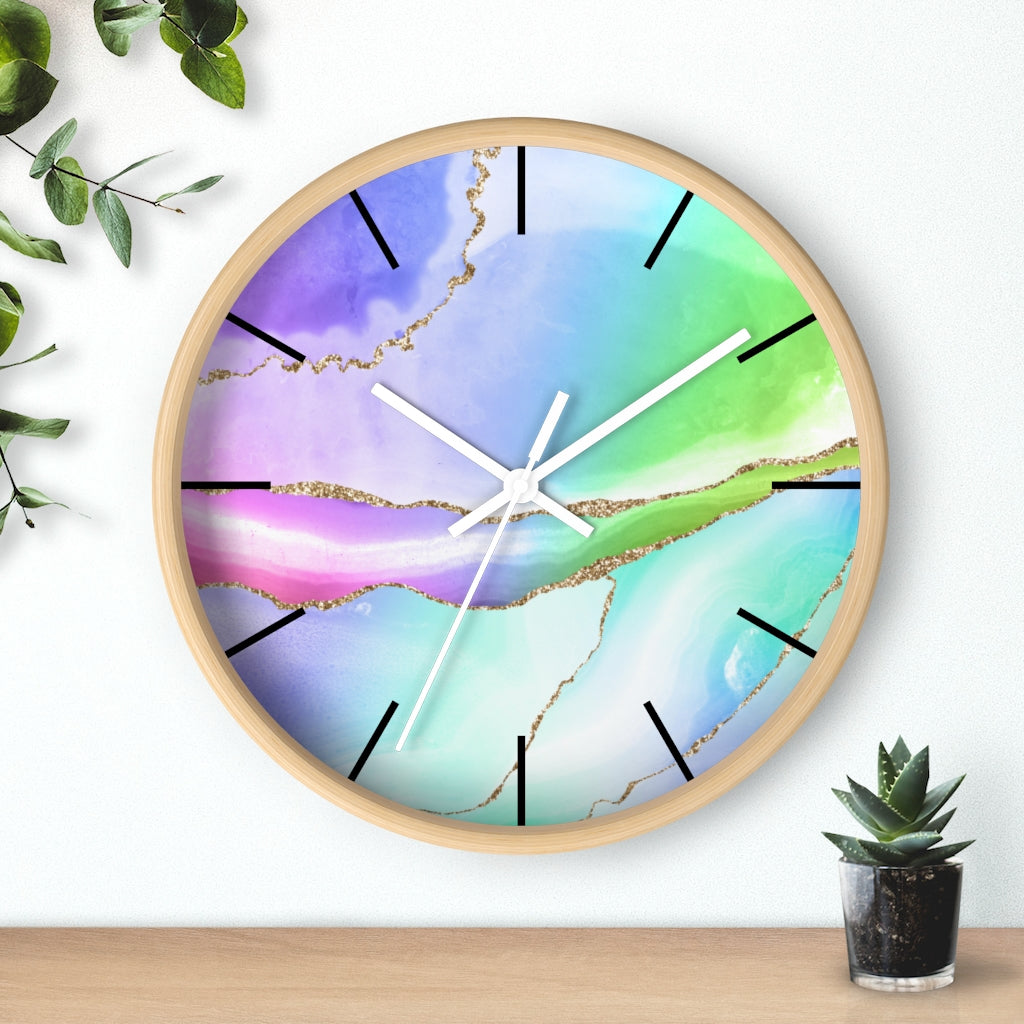Marble Print, Wood, Wall Clock, Rainbow Colors 10"