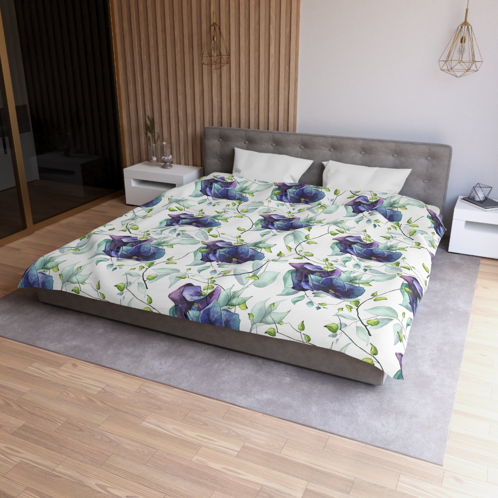 Floral Duvet Cover | White Purple Blue Jungle Flowers | Bedroom Decor