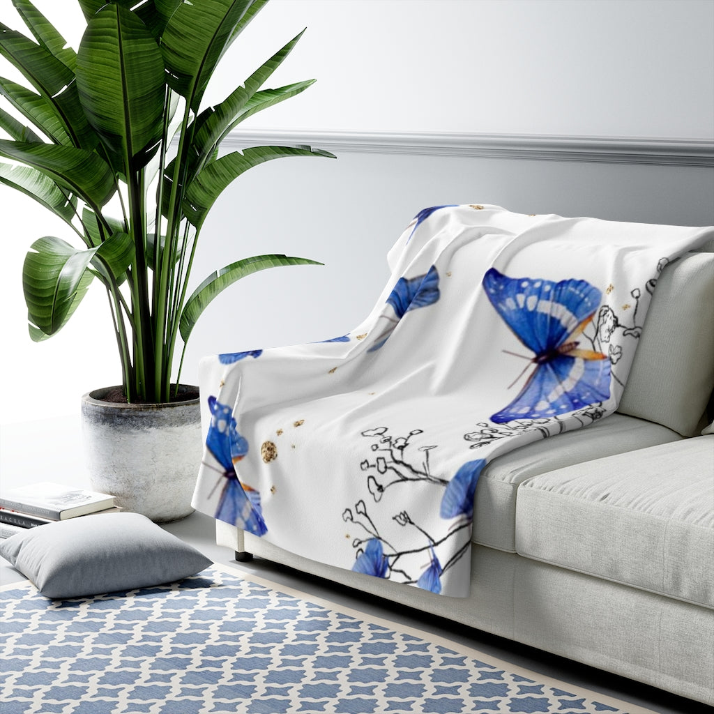 Floral Comfy Blanket | White Blue Butterflies