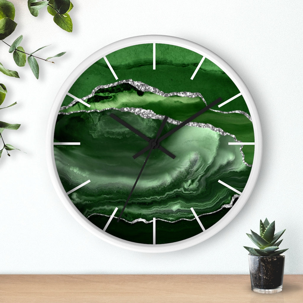 Marble Print, Wood, Wall Clock, Emerald Green 10"