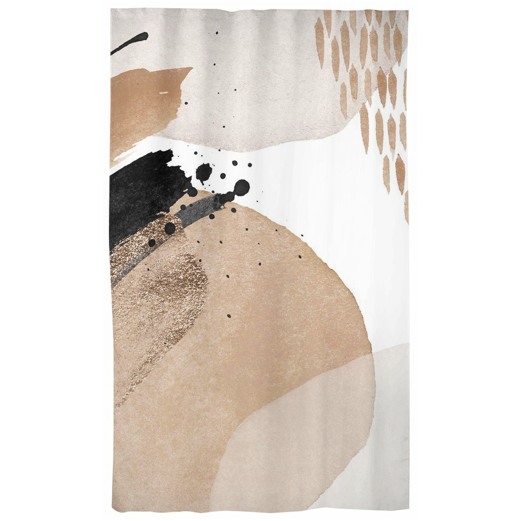Beige, black and cream abstract window curtains hanging in a bright room