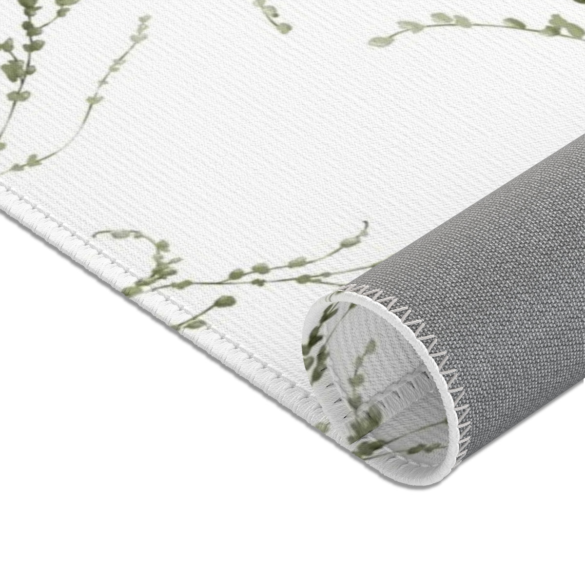 Floral Area Rug | White Delicate Green Leaves