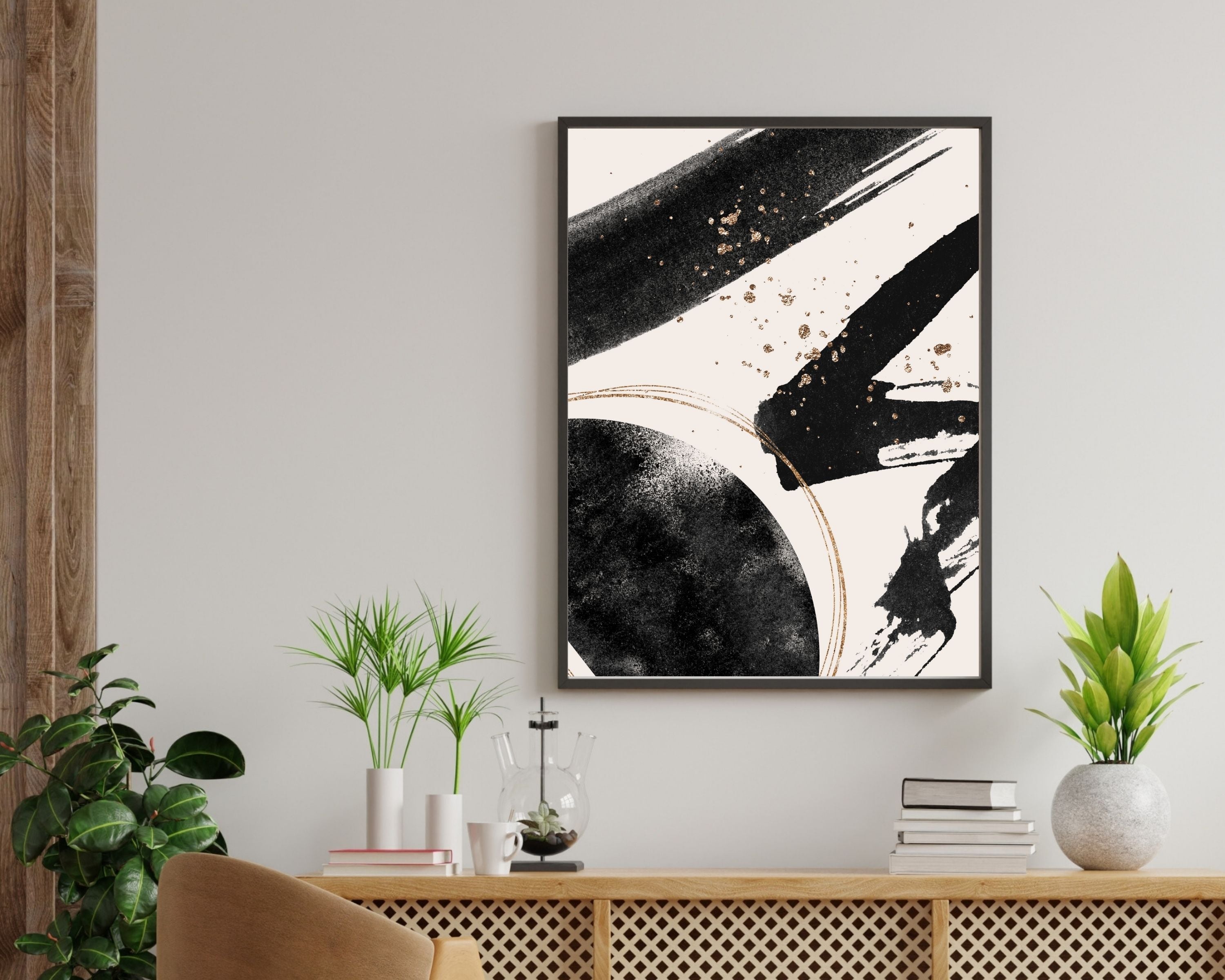 Abstract Boho Art Prints | Cream Black Gold