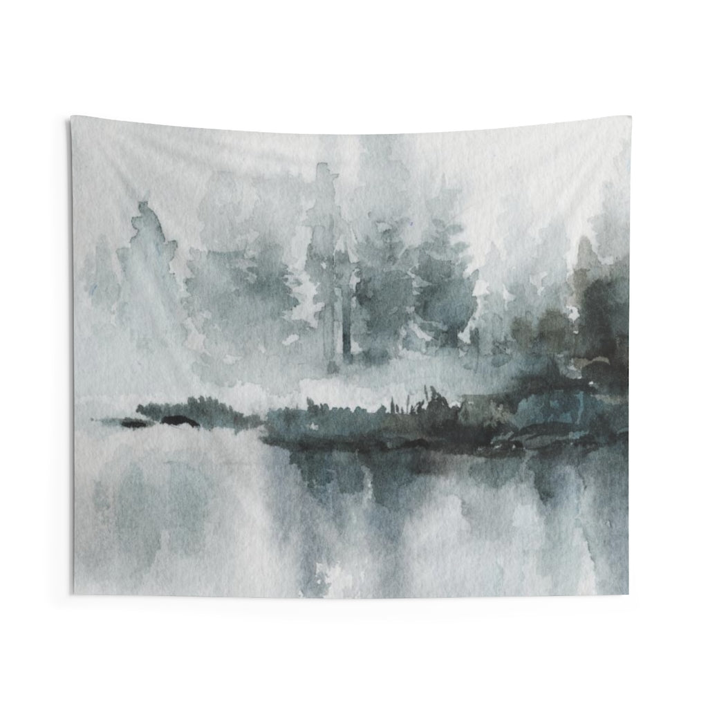 Landscape Tapestry | Grey Green Watercolor Lakeside Forest
