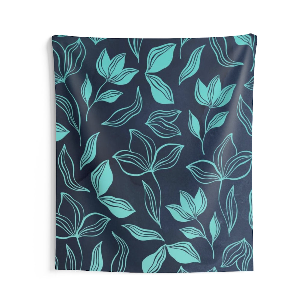 Floral Tapestry | Navy Blue Teal Leaves