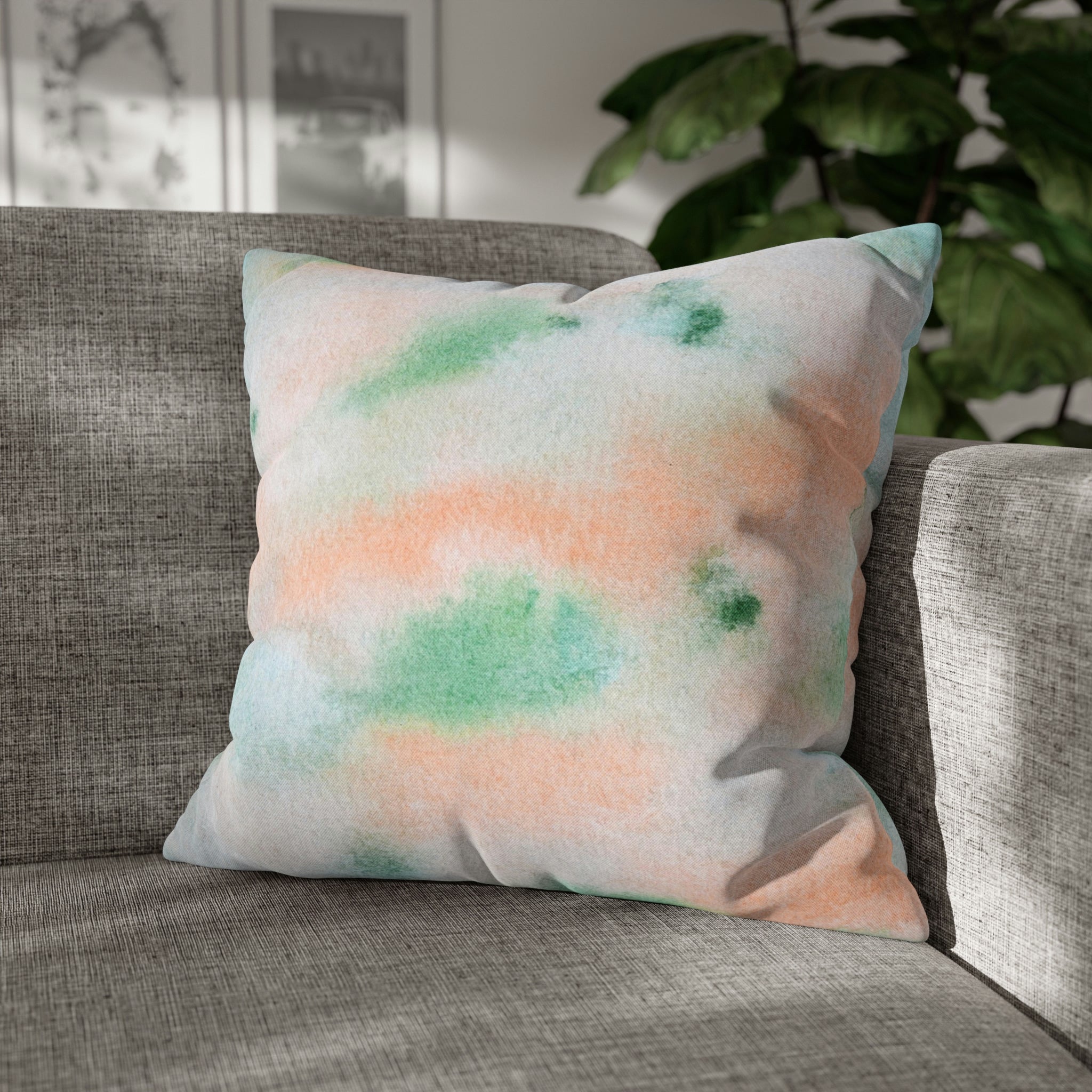 Abstract Boho Pillow Cover | Green Peach Pink Ombre Watercolor