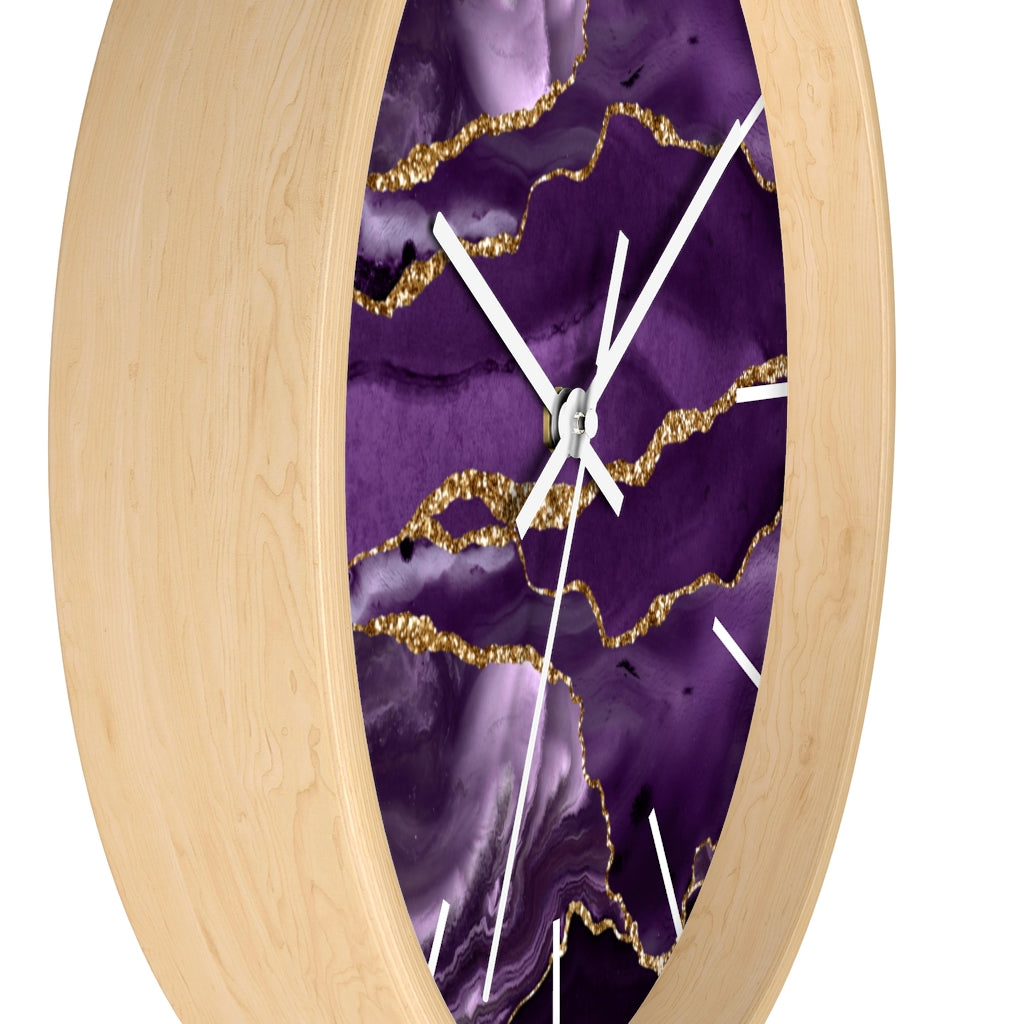 Marble Print, Wood, Wall Clock, Purple Gold 10"