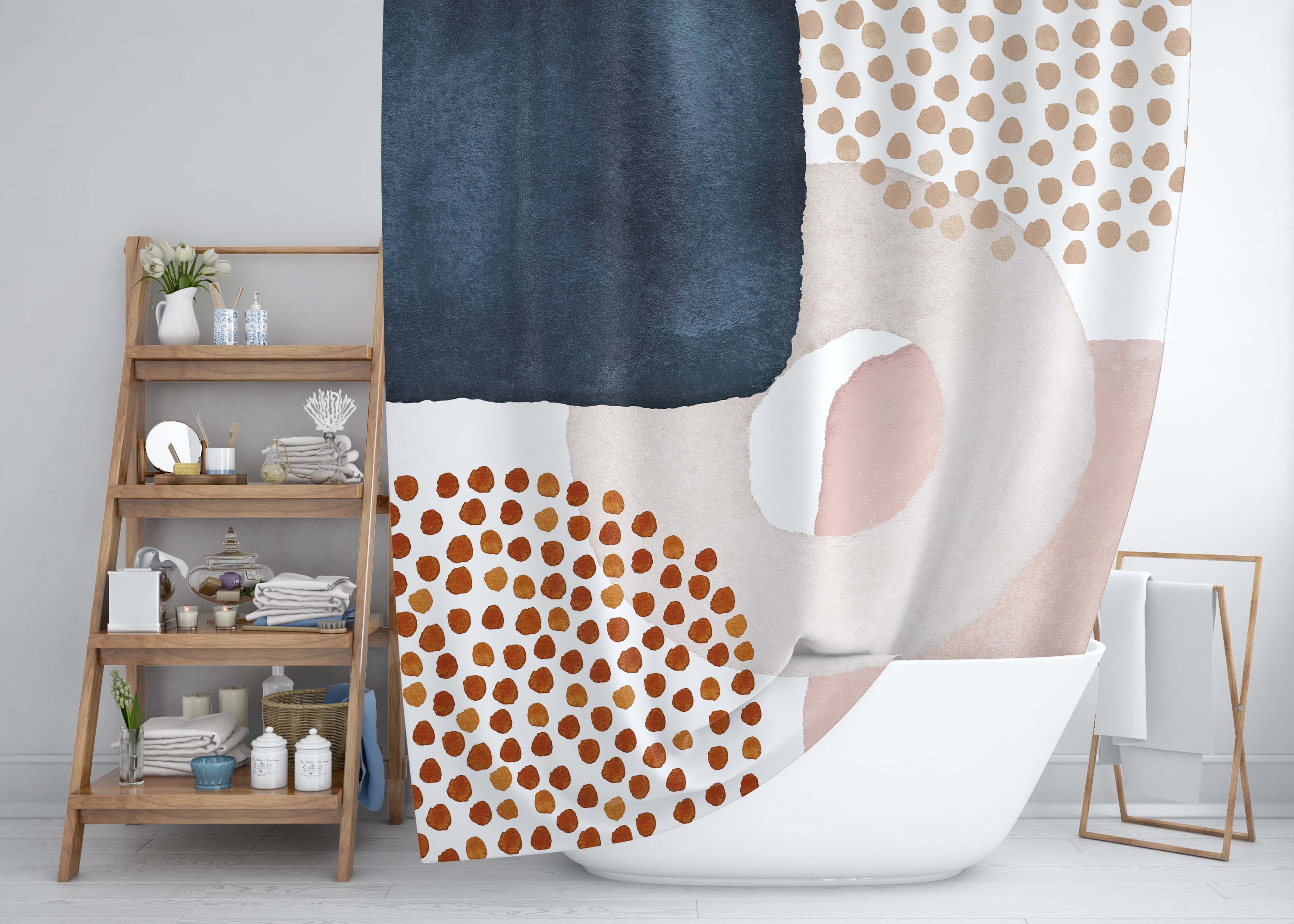 Abstract Boho Shower Curtain | Blush Pink Navy Blue Cream