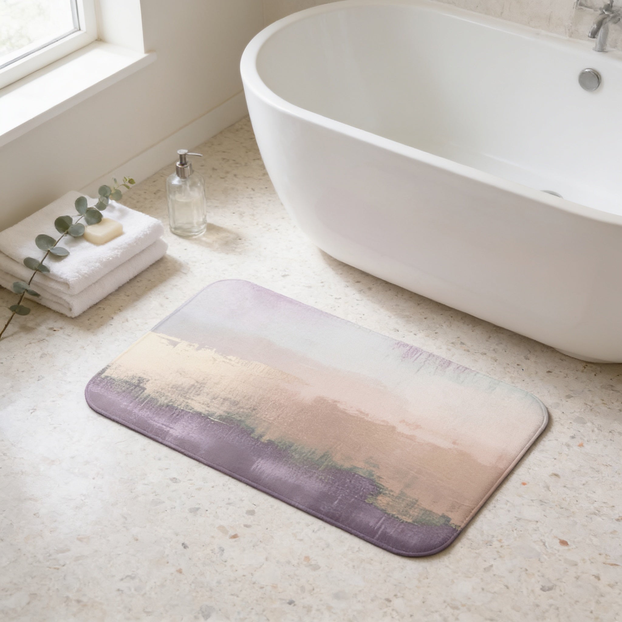 a bathroom with a white bathtub, a purple and beige bath mat, and a bottle of soap on the floor.