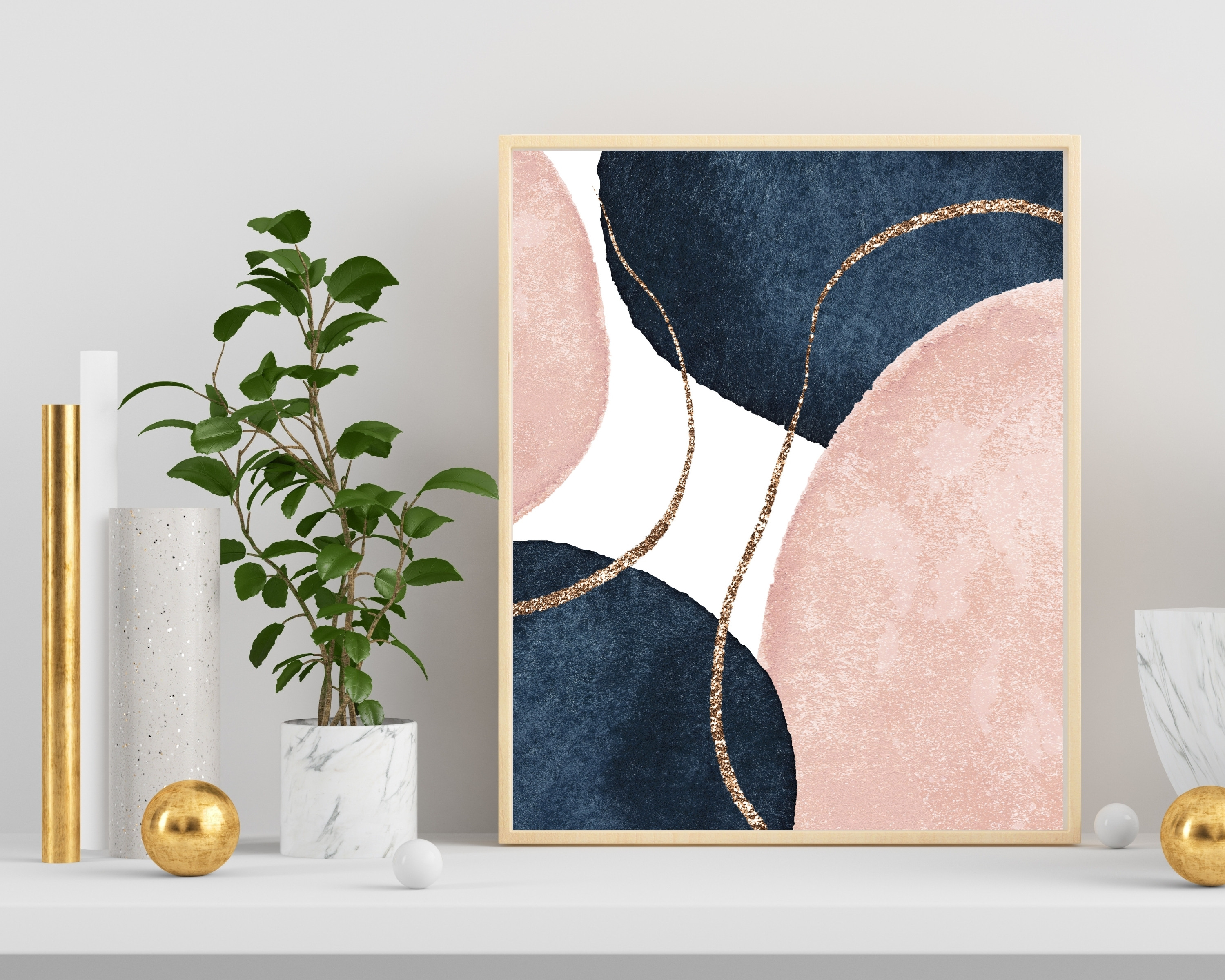 boho pastel pink and navy wall art print