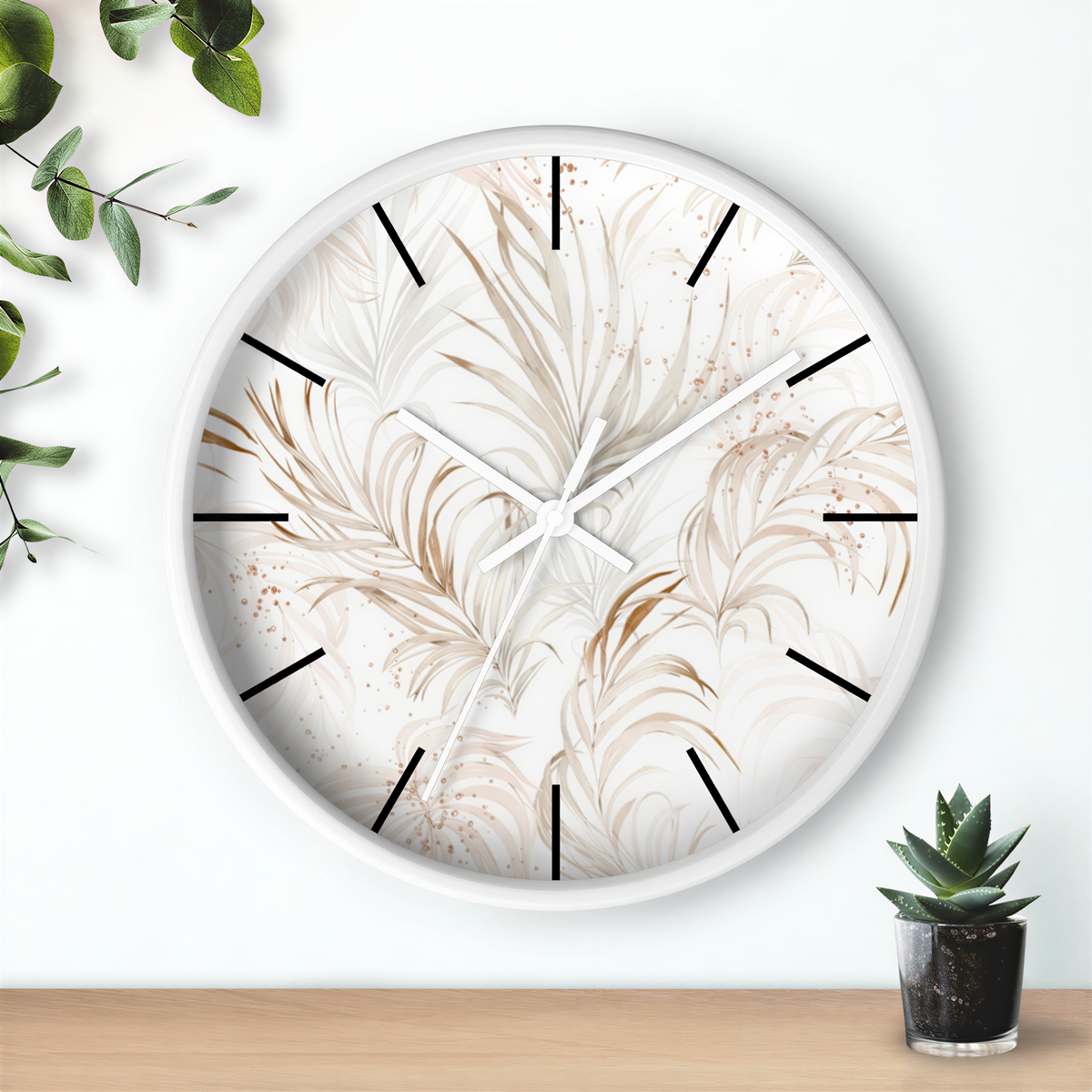 Floral Wood Wall Clock White Beige Leaves wood grain detail