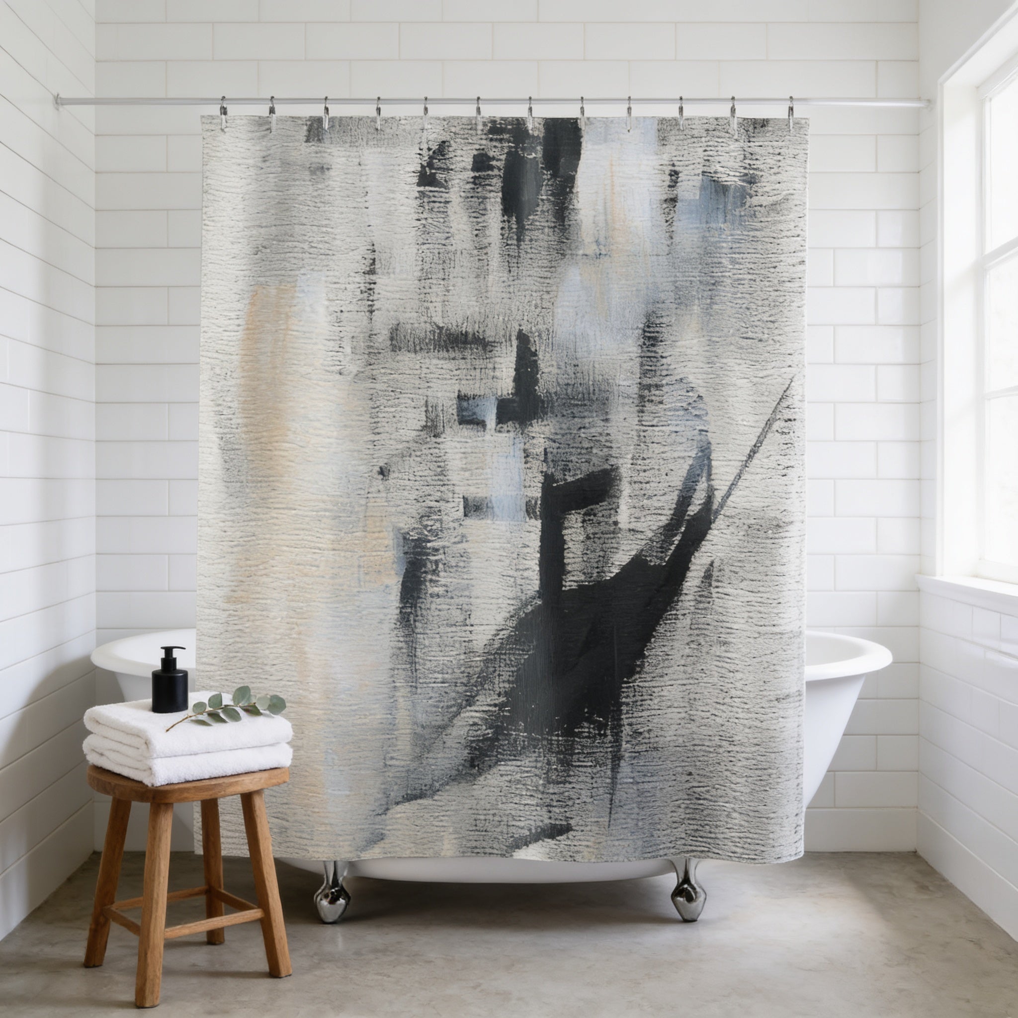 a bathroom with a white bathtub, a wooden stool, and a shower curtain with a black and white abstract design.