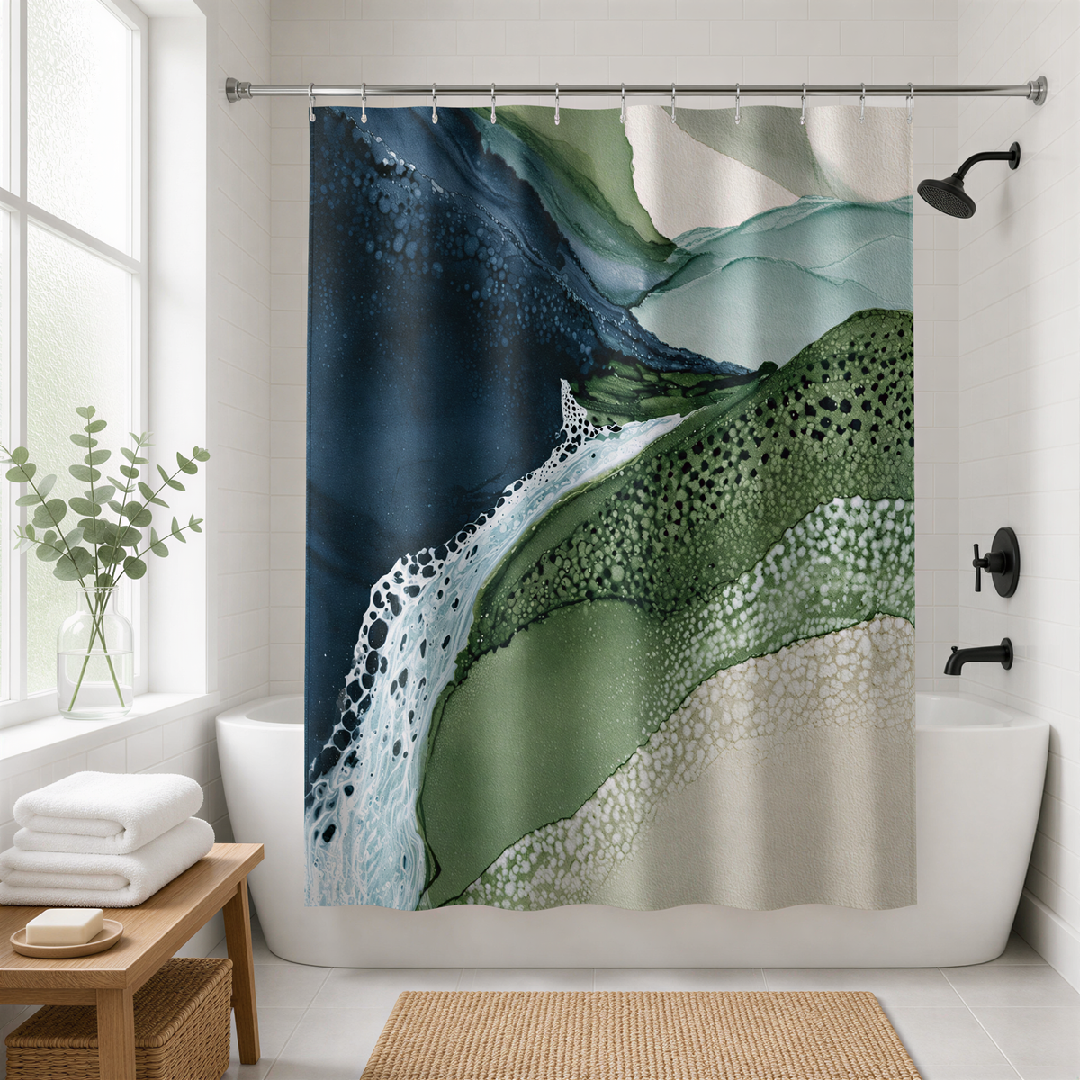 a bathroom with a shower curtain that has a colorful abstract design in shades of green, blue, and white. The shower curtain is hanging from a rod above a white bathtub. The bathroom also includes a wooden bench, a potted plant, and a towel rack.