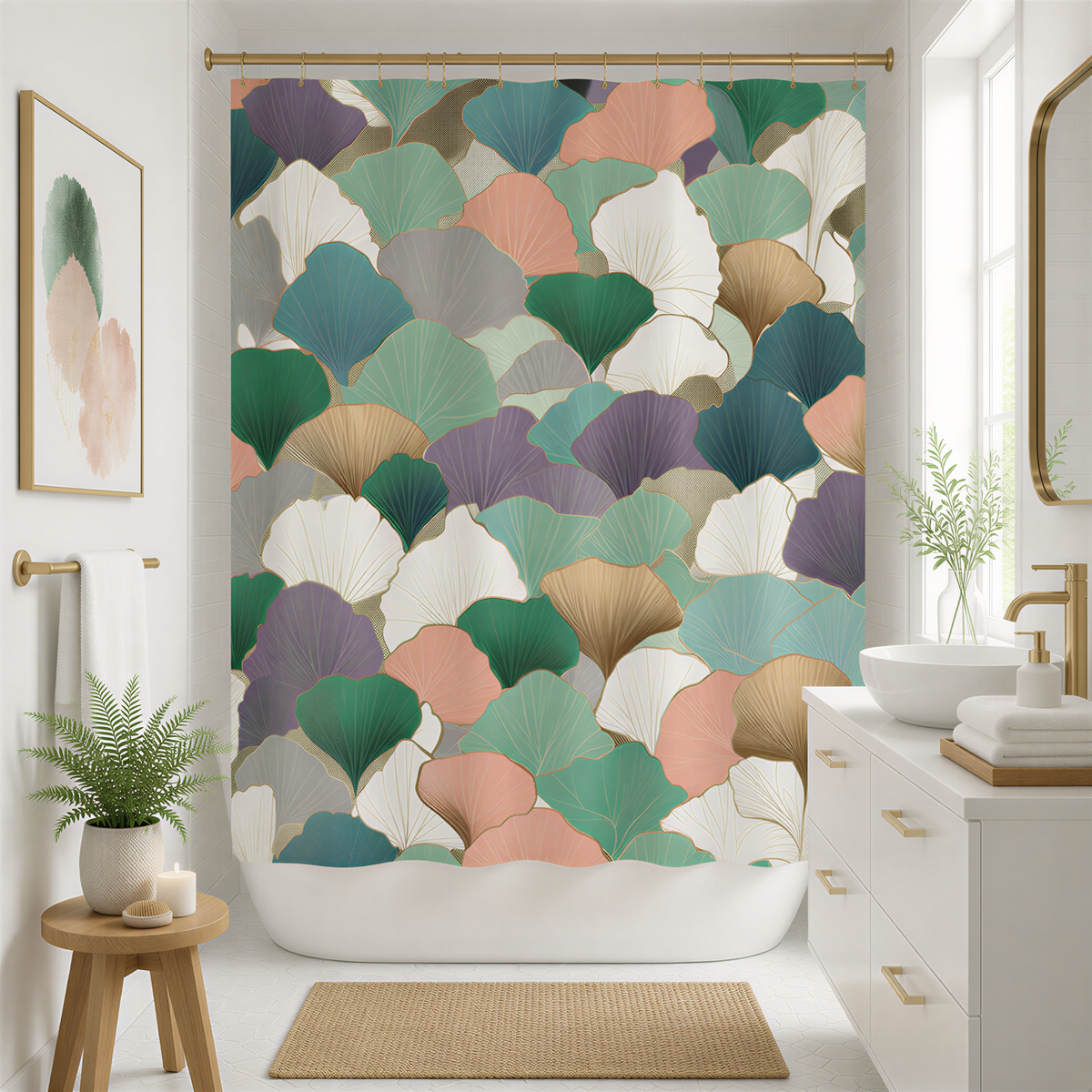 a bathroom with a colorful, abstract pattern of leaves on the shower curtain. The bathroom is well-decorated with a wooden stool, a sink, and a mirror.