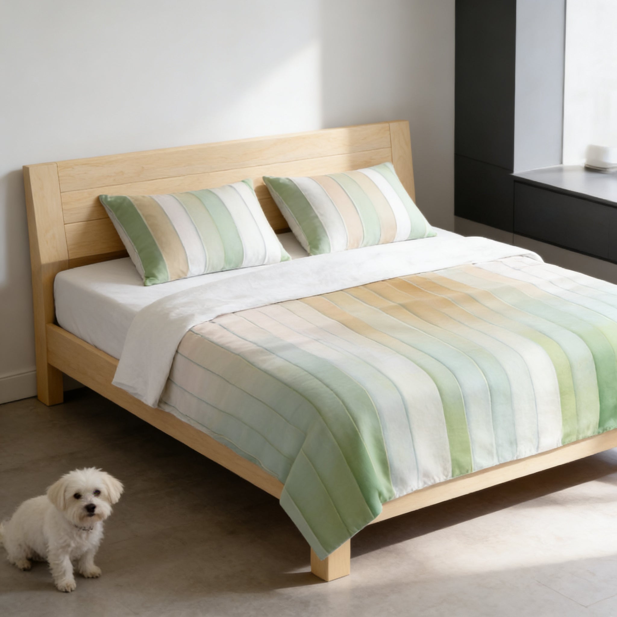 A cozy bedroom scene with a wooden bed frame, a striped comforter, and a small white dog sitting on the floor next to the bed.