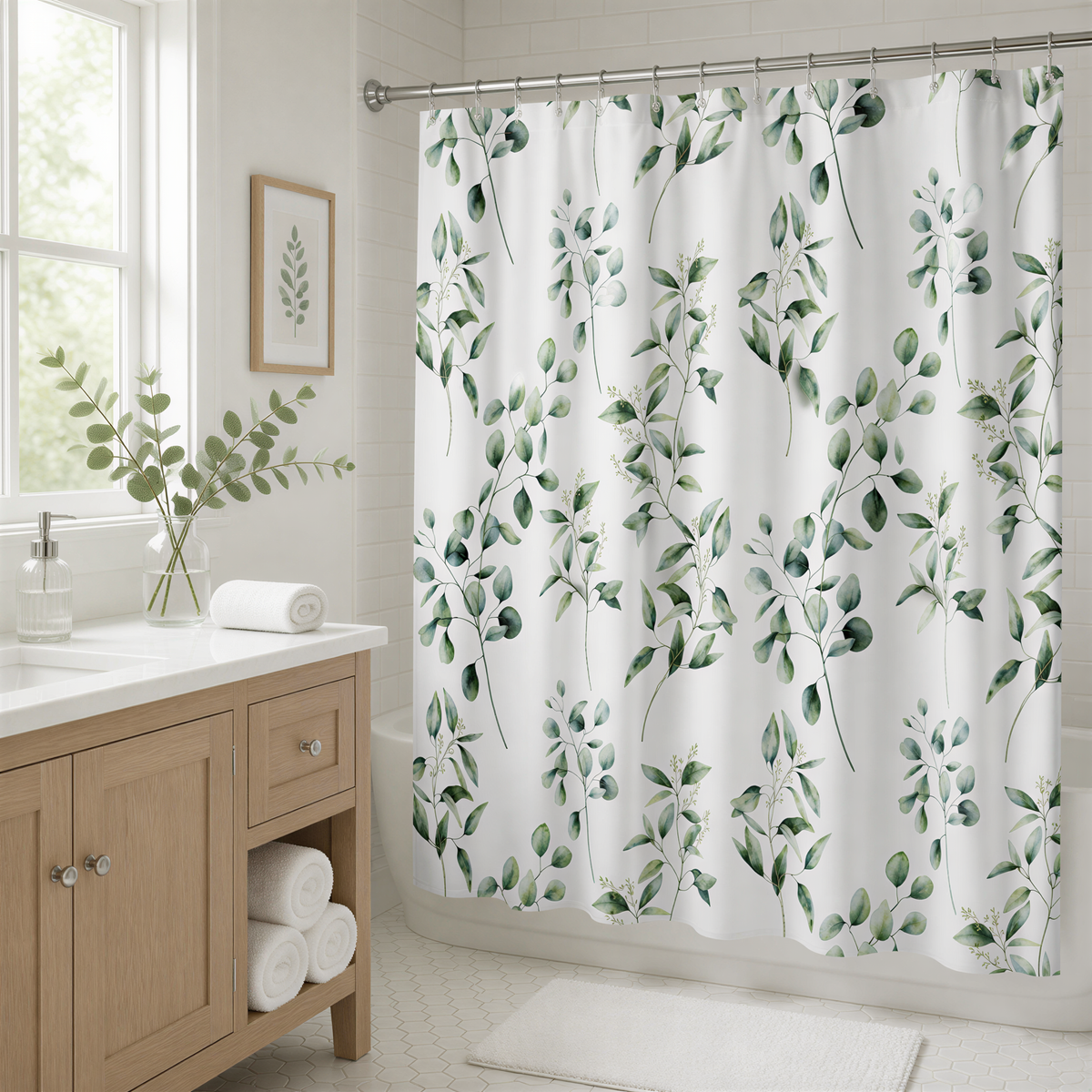 a bathroom with a shower curtain featuring a green leaf pattern, a wooden vanity with a sink, and a window above the sink.