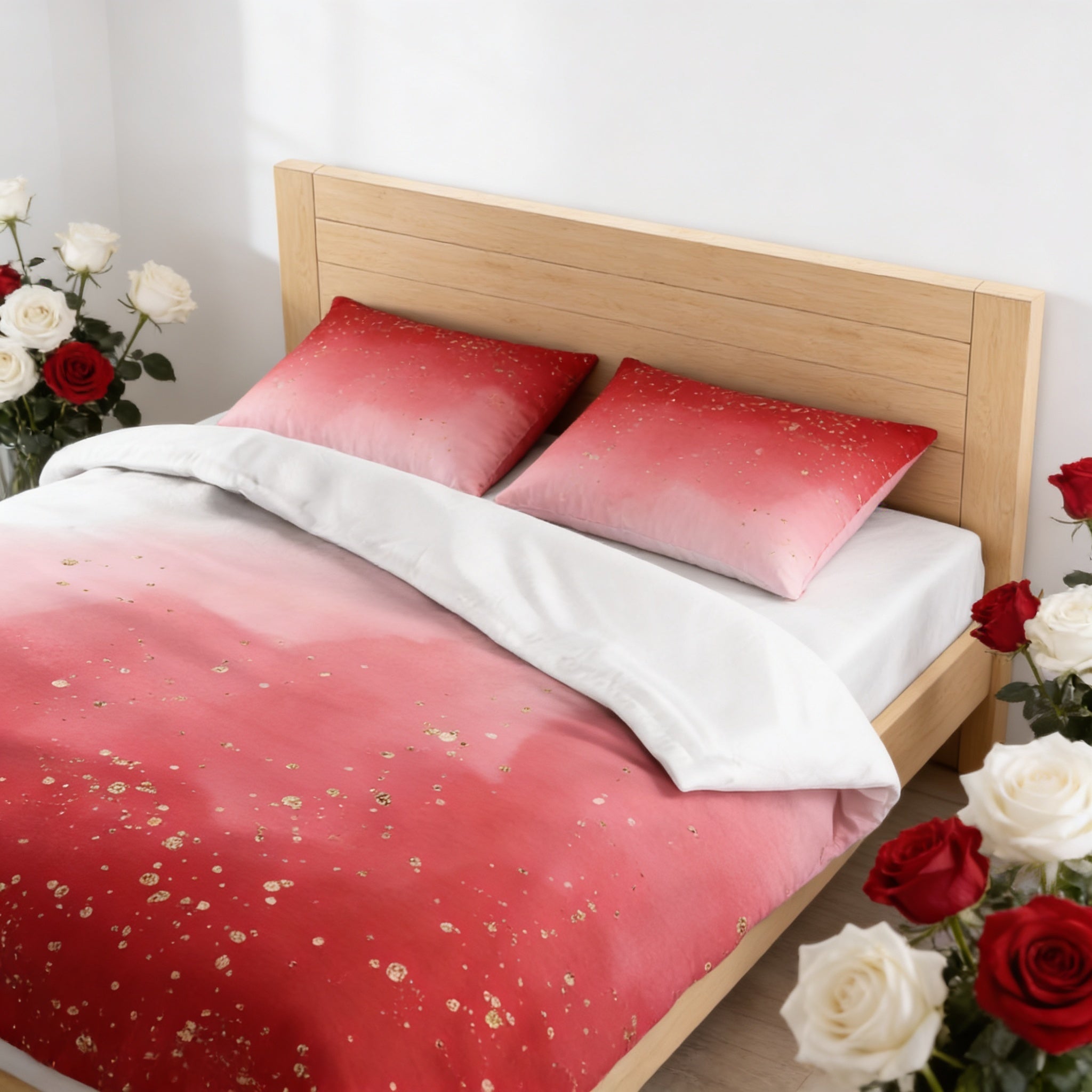 a bedroom with a bed featuring a red and white ombre comforter and matching pillows. The bed is set against a white wall, and there are red and white roses placed on either side of the bed.