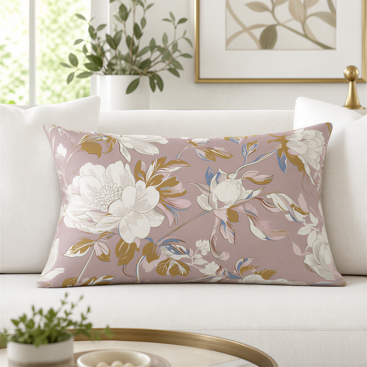 a living room with a white sofa adorned with a floral throw pillow. The pillow has a pink and white floral pattern, and it is placed on the sofa. In the background, there is a window with a plant, and a framed picture on the wall.