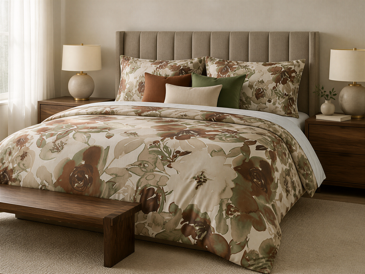 a well-decorated bedroom with a large bed, a wooden bench, and two nightstands with lamps. The bed is covered in a floral comforter and has several throw pillows. The overall color scheme of the room is neutral, with a focus on the floral pattern on the bedding.