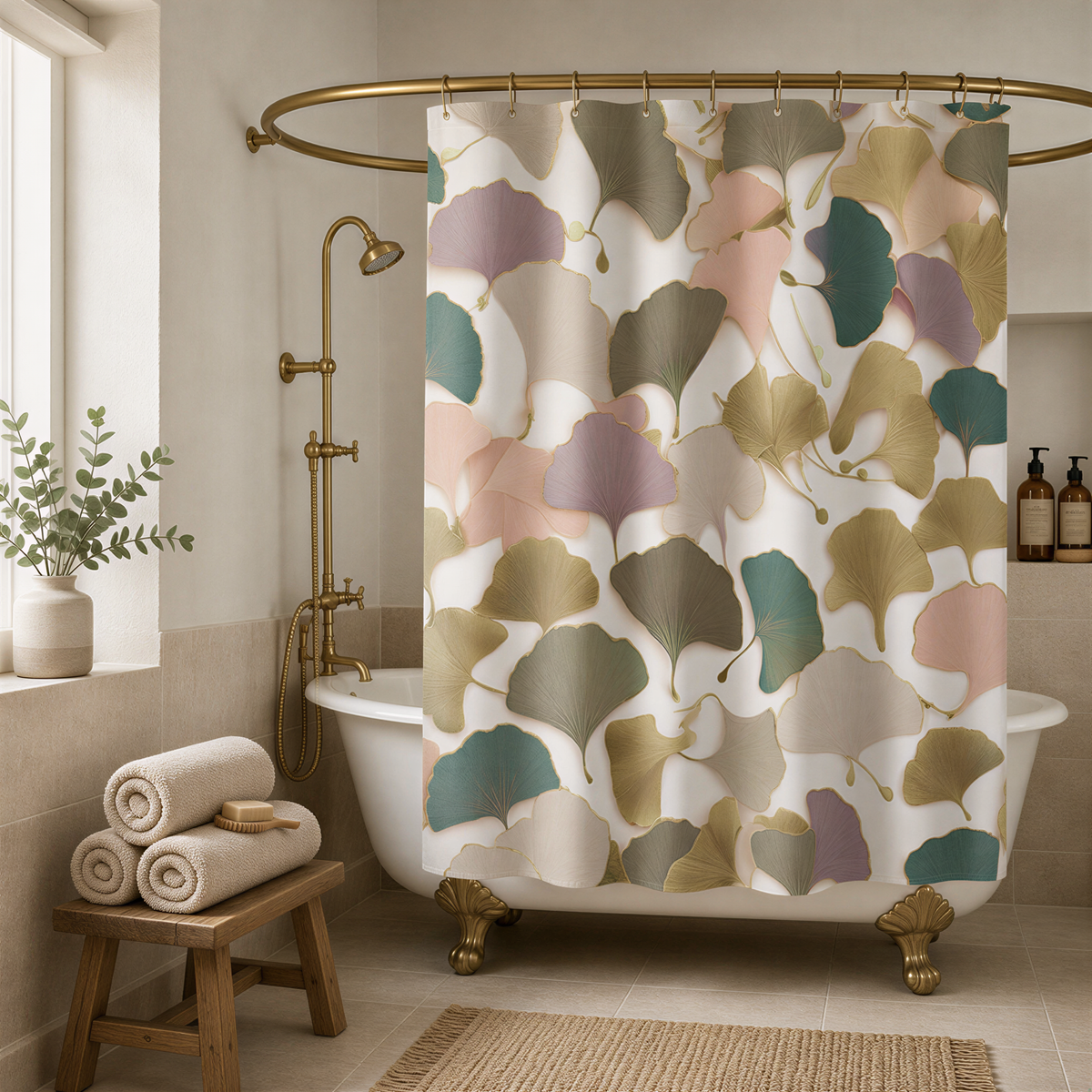 a bathroom with a white clawfoot bathtub, a shower curtain with a leaf pattern, and a wooden stool. The bathroom has a neutral color scheme with beige walls and a white tile floor.