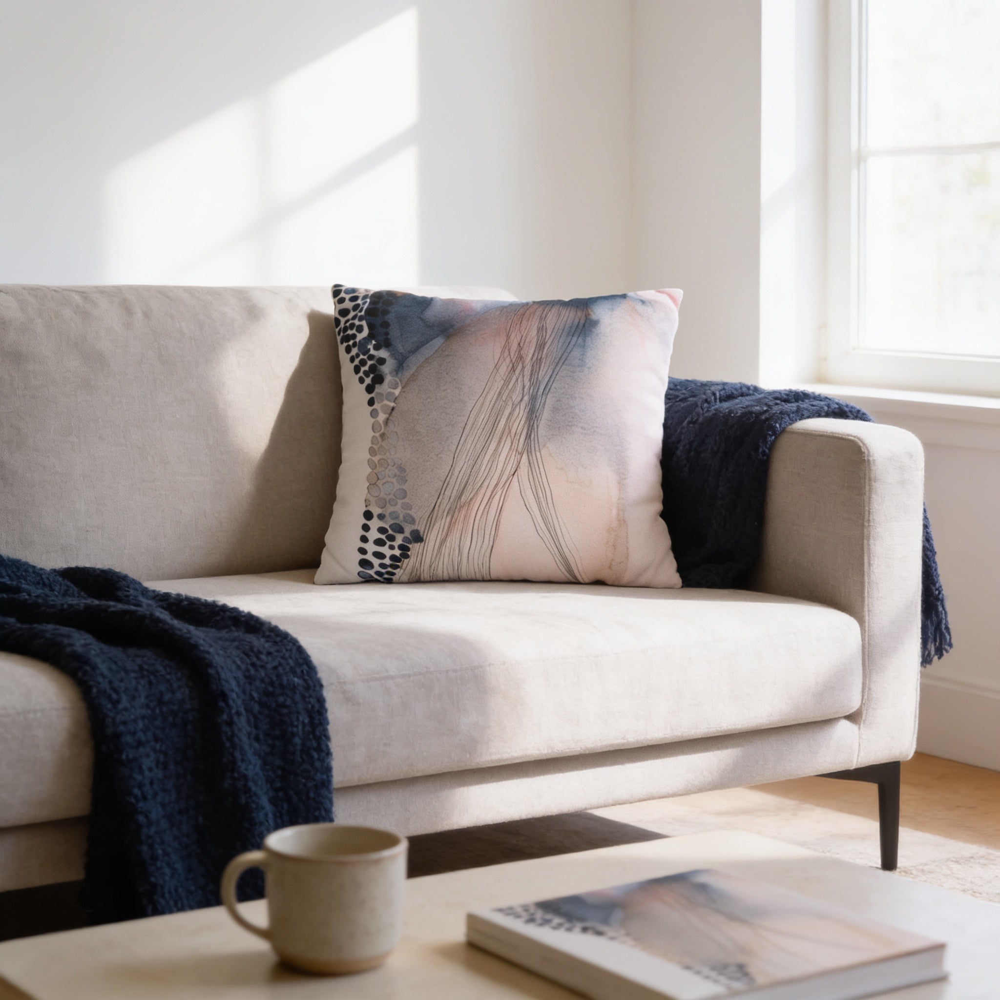 a cozy living room with a beige sofa, a blue blanket, and a coffee table with a mug and a book.
