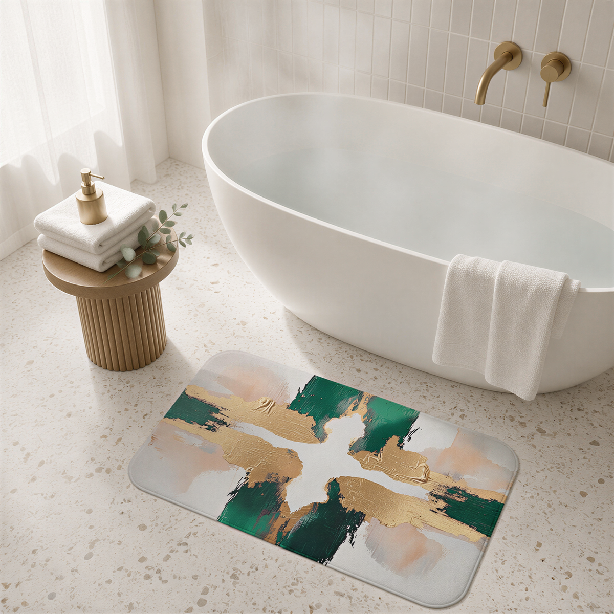 a modern bathroom with a white freestanding bathtub, a wooden stool with a soap dispenser, and a colorful bath mat with a gold and green abstract design.