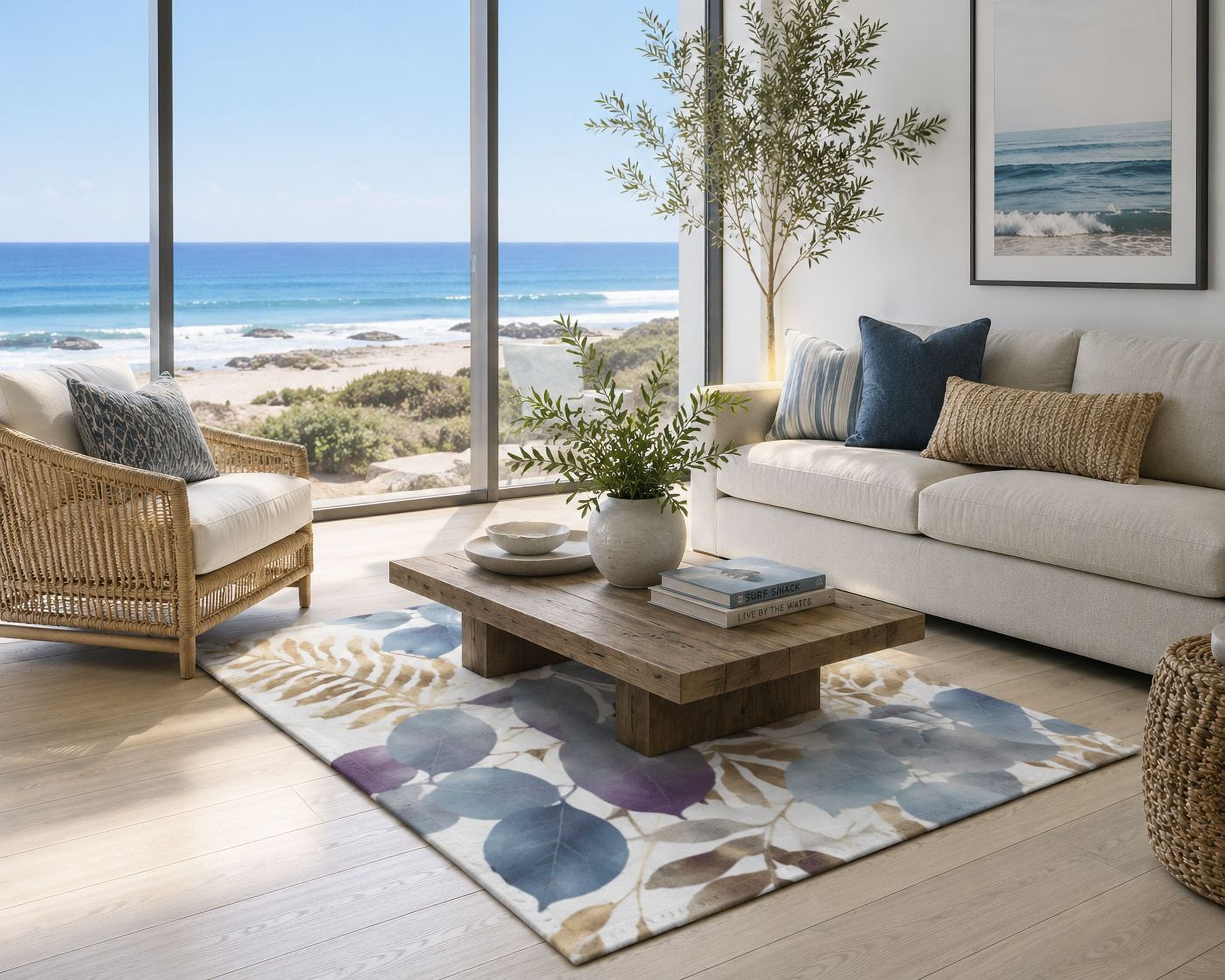 a cozy living room with a large window offering a scenic view of the ocean. The room is furnished with a beige sofa, a wicker chair, and a wooden coffee table. A potted plant and a vase of flowers are placed on the coffee table, adding a touch of nature to the space. The room also features a bookshelf and a rug with a leaf pattern, contributing to the overall aesthetic.