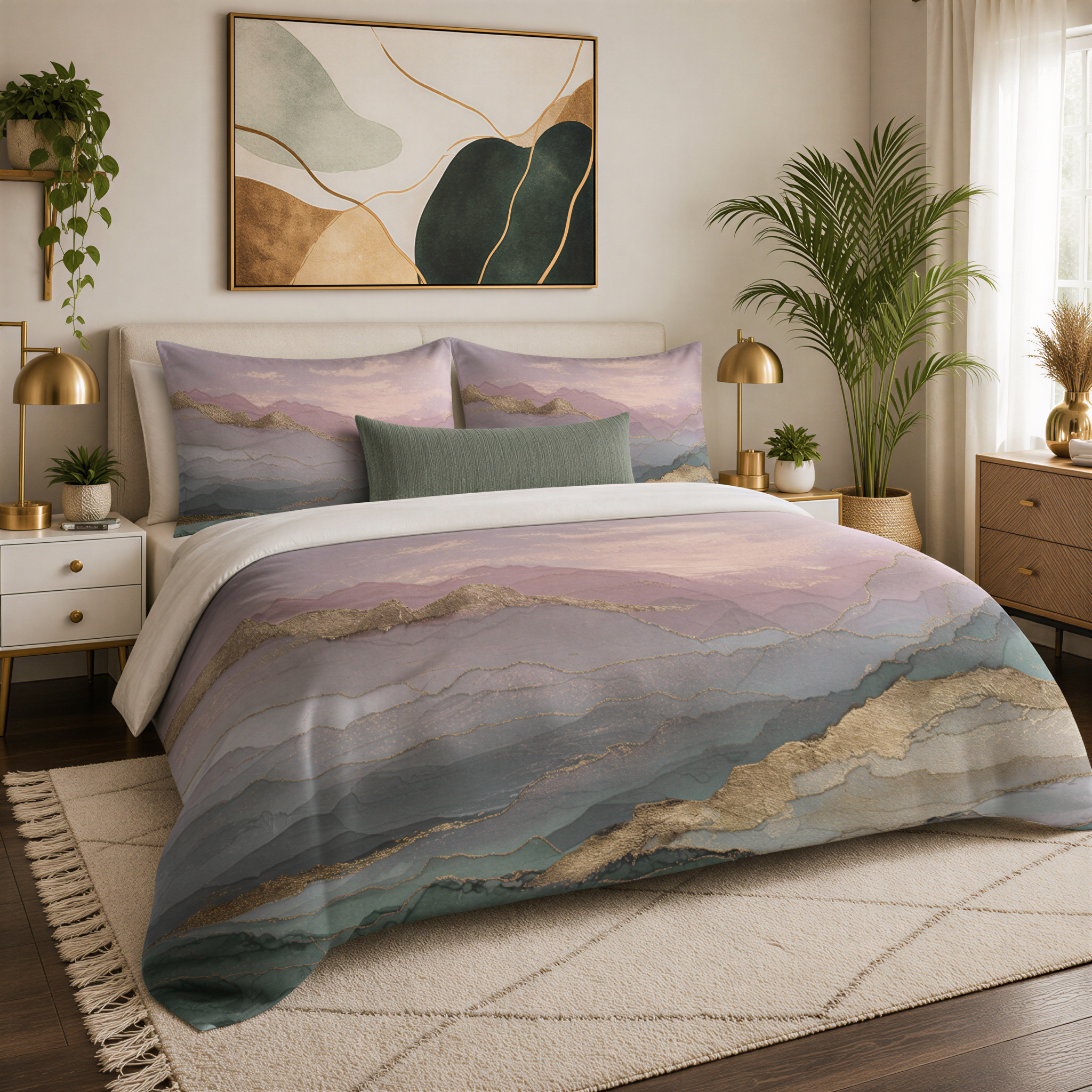 a bedroom with a large bed featuring a colorful mountain landscape print on the comforter. The bed is surrounded by white furniture, including a nightstand and dresser. The room is decorated with various plants and artwork, creating a cozy and inviting atmosphere.