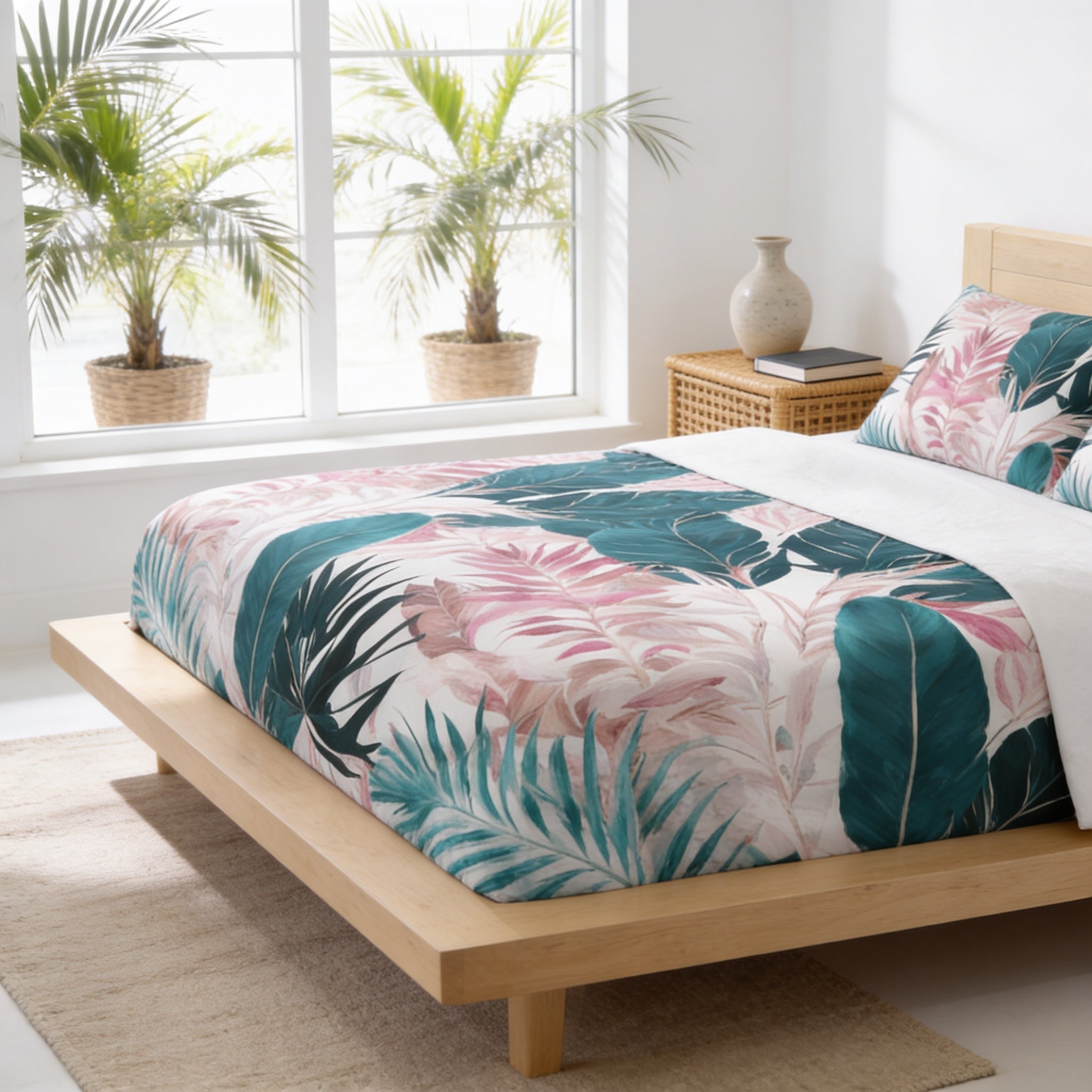 a bedroom with a bed featuring a tropical leaf print comforter and pillows. The bed is placed against a wall with a window, and there are two potted plants on either side of the window. The room has a minimalist and modern design, with a wooden bed frame and a beige rug on the floor.