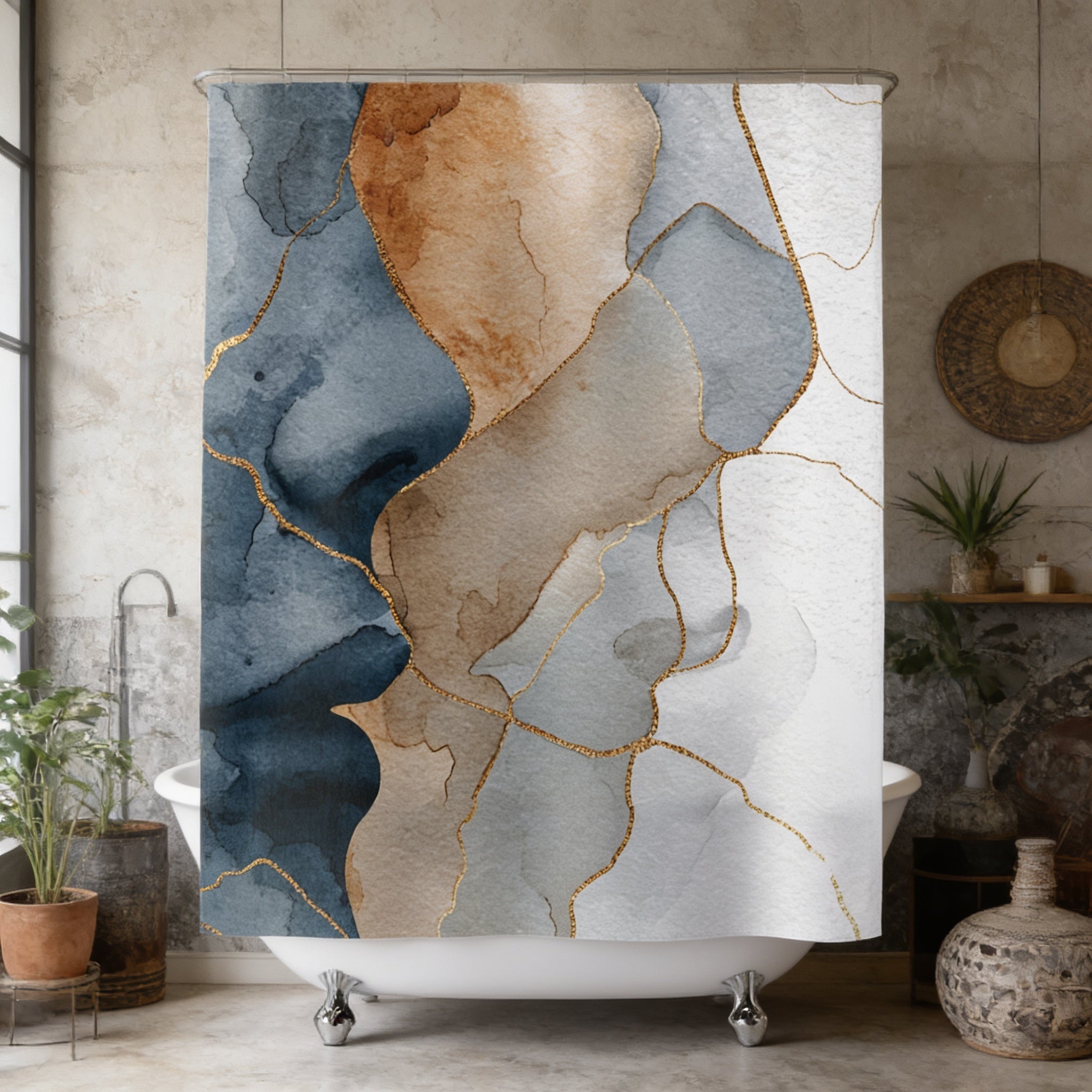 a bathroom with a white bathtub, a shower curtain with a marble-like pattern in shades of blue, white, and gold, and various decorative elements such as potted plants and vases.
