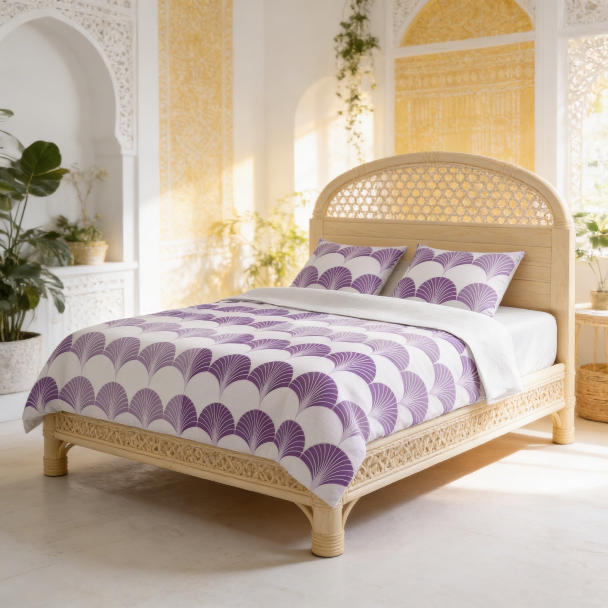 a bedroom with a bed, a wicker headboard, and a patterned purple and white comforter. The room has a white color scheme and is decorated with potted plants and a woven basket.