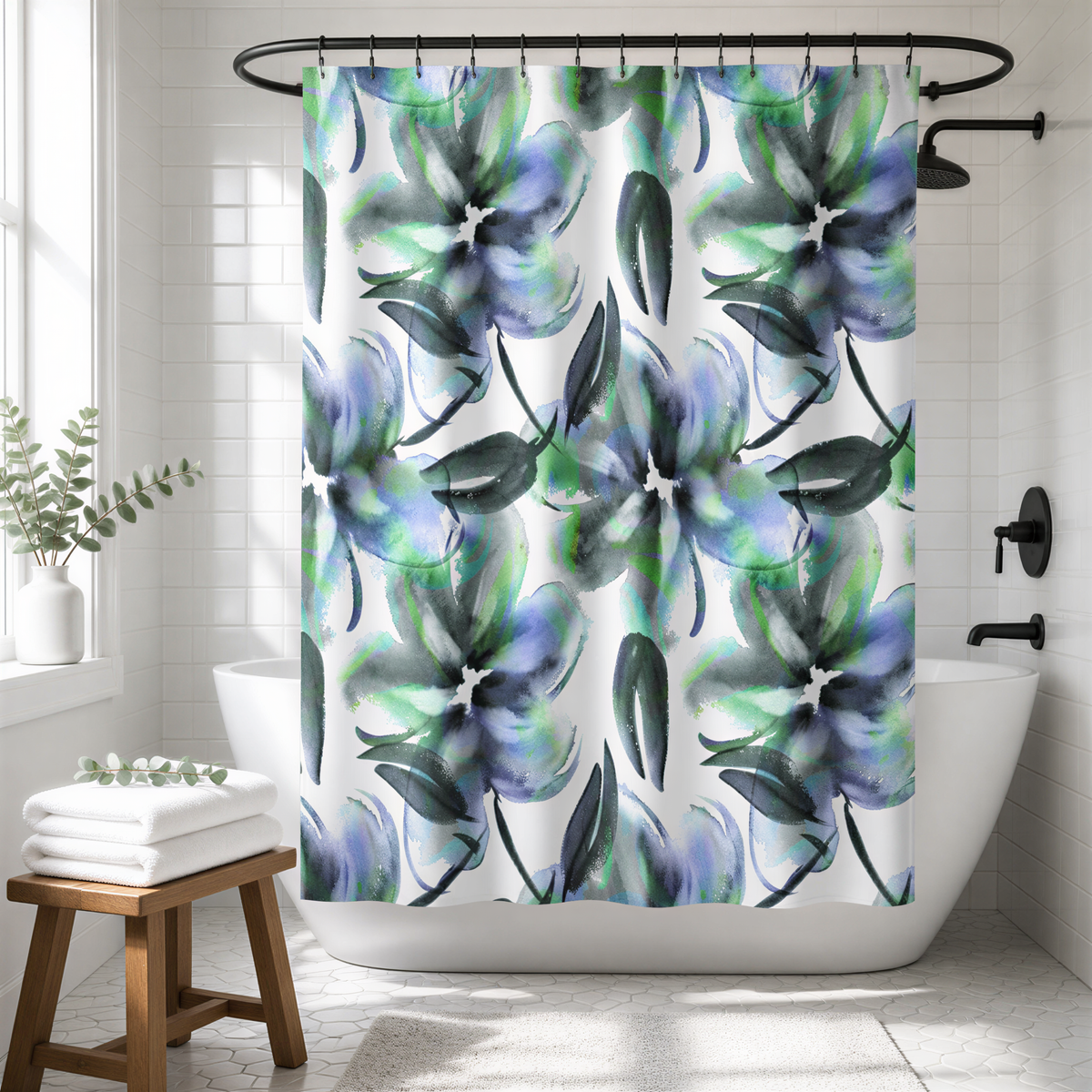 a bathroom with a white bathtub, a wooden stool, and a shower curtain with a floral pattern in shades of blue and green.
