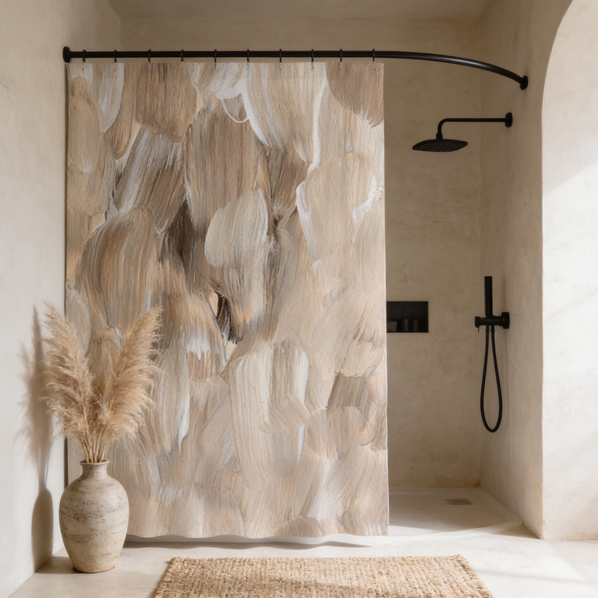 a modern bathroom with a large abstract painting on the wall, a black shower head, and a vase of dried flowers on the floor.