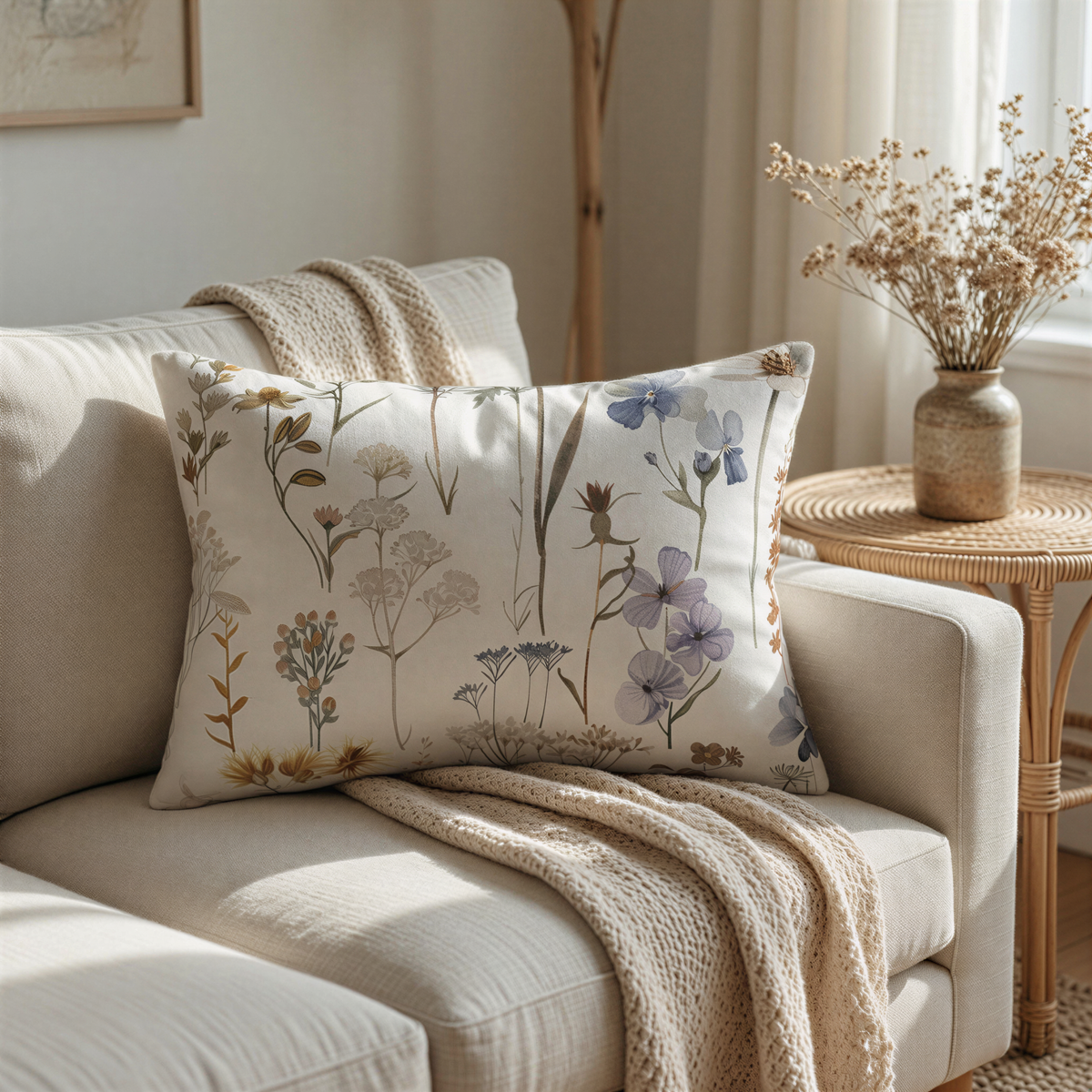 a cozy living room with a beige sofa, a decorative pillow with a floral pattern, and a woven side table with a vase of dried flowers.
