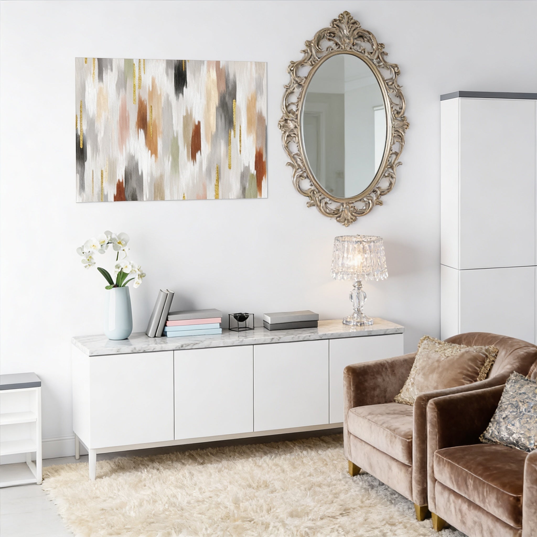 a modern living room with a white marble countertop, a large mirror, a sofa, and a side table with a lamp.