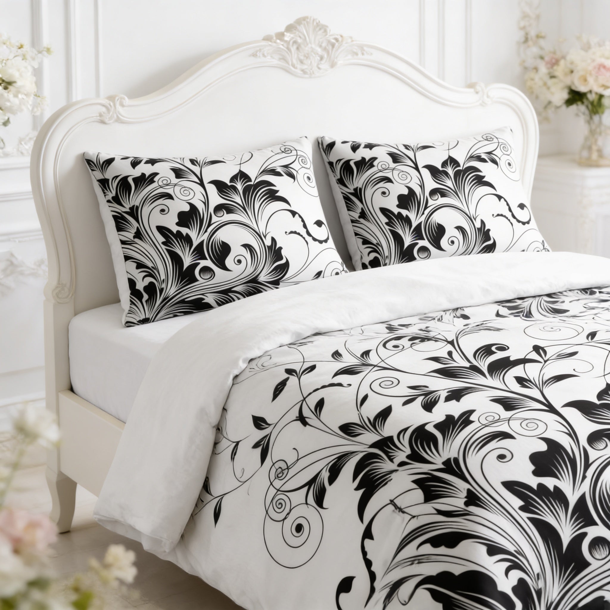 a bedroom with a white bed frame and a black and white floral comforter. The bed is adorned with two matching pillows, each with a black and white floral pattern. The room has a clean, elegant, and sophisticated design, with white walls and a white floor.