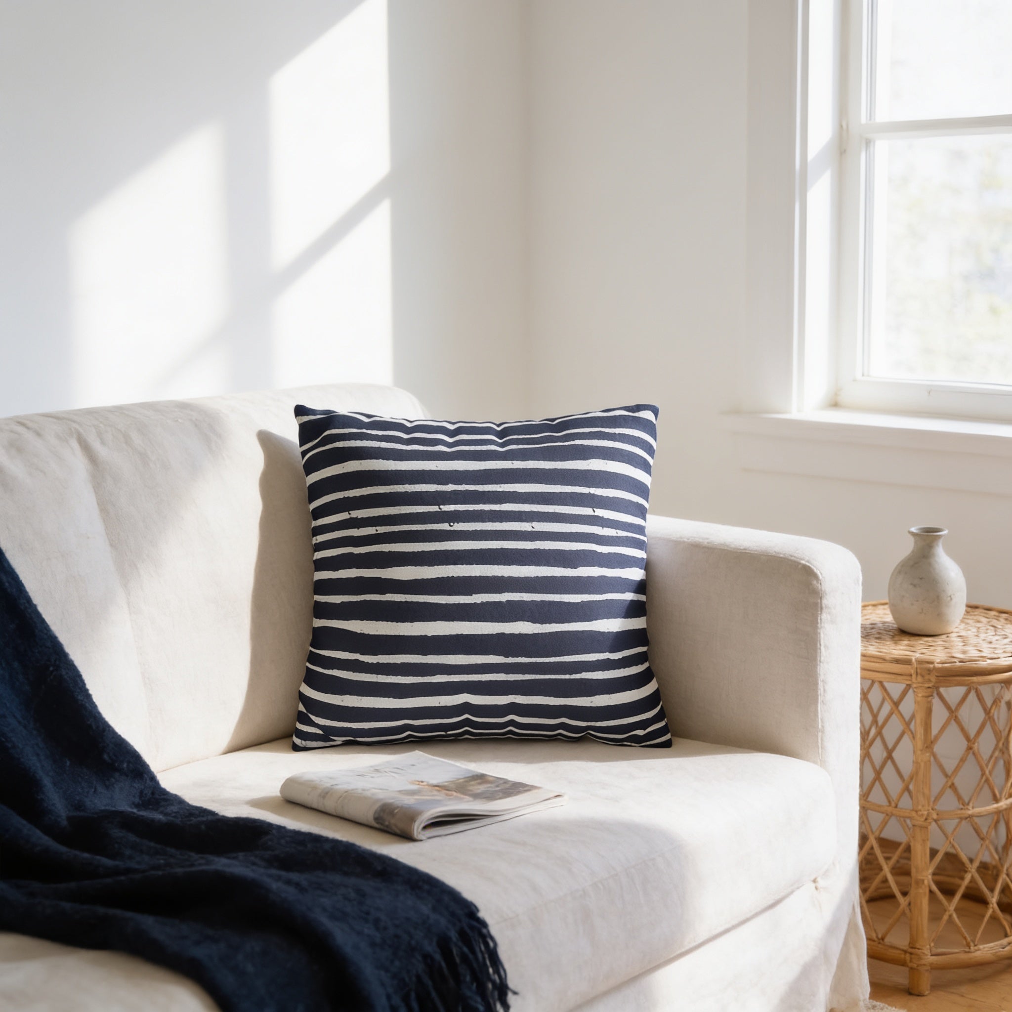 A cozy living room with a white sofa, a blue and white striped throw pillow, and a woven side table with a vase.