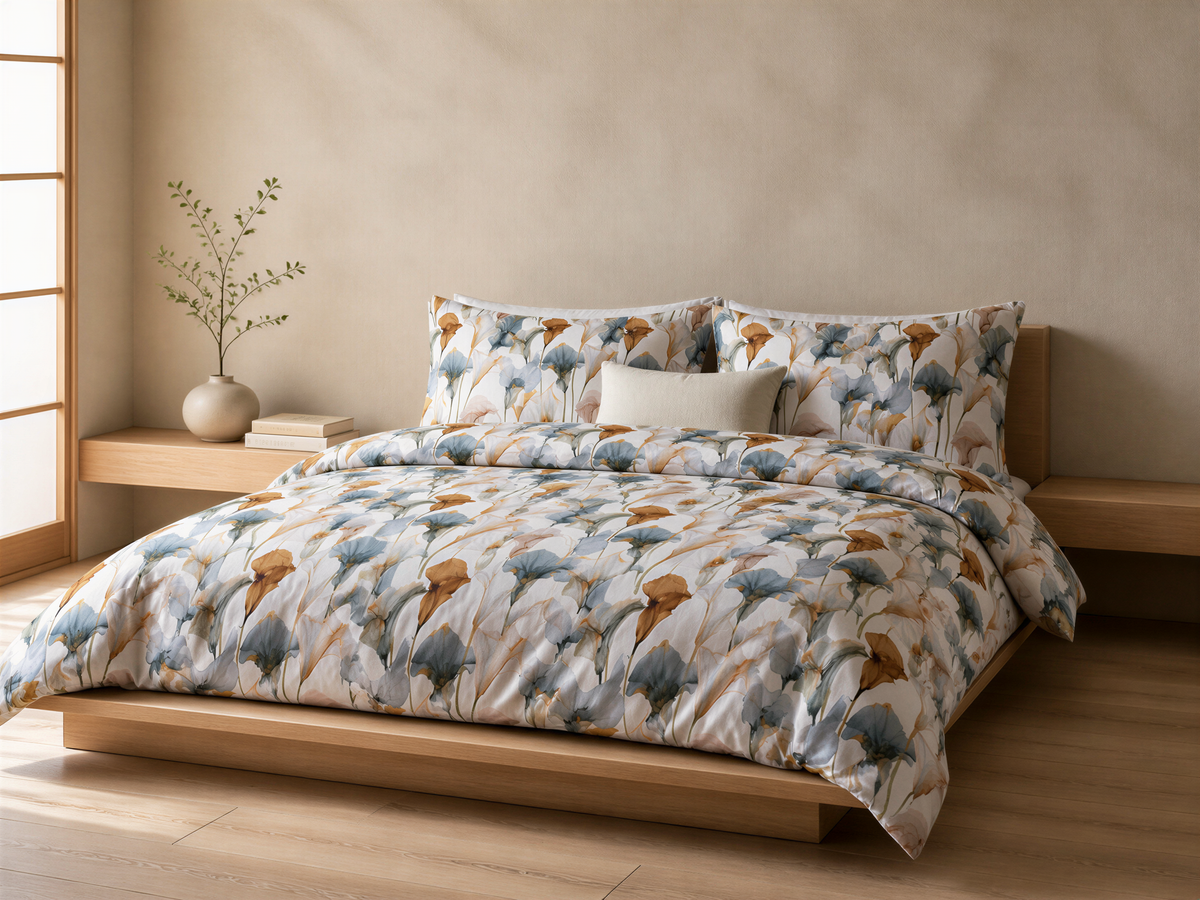 a serene and modern bedroom with a large bed adorned with a floral print comforter and pillows. The bed is positioned against a wall, and a wooden nightstand with a plant and a stack of books is located next to it. The room has a minimalist and clean design, with a wooden floor and a window providing natural light.