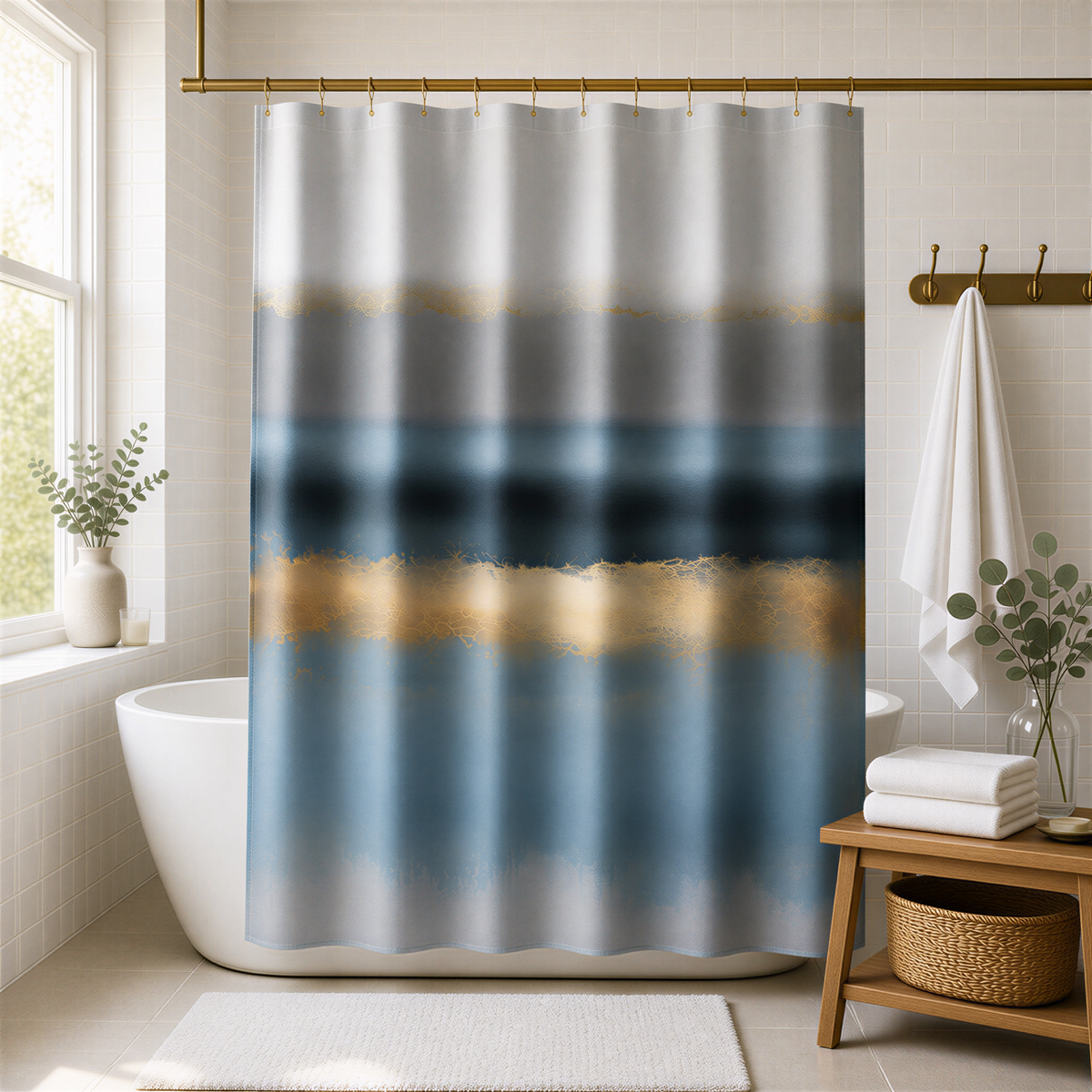 a bathroom with a white bathtub, a shower curtain with a blue and gold gradient, and a wooden table with folded towels.