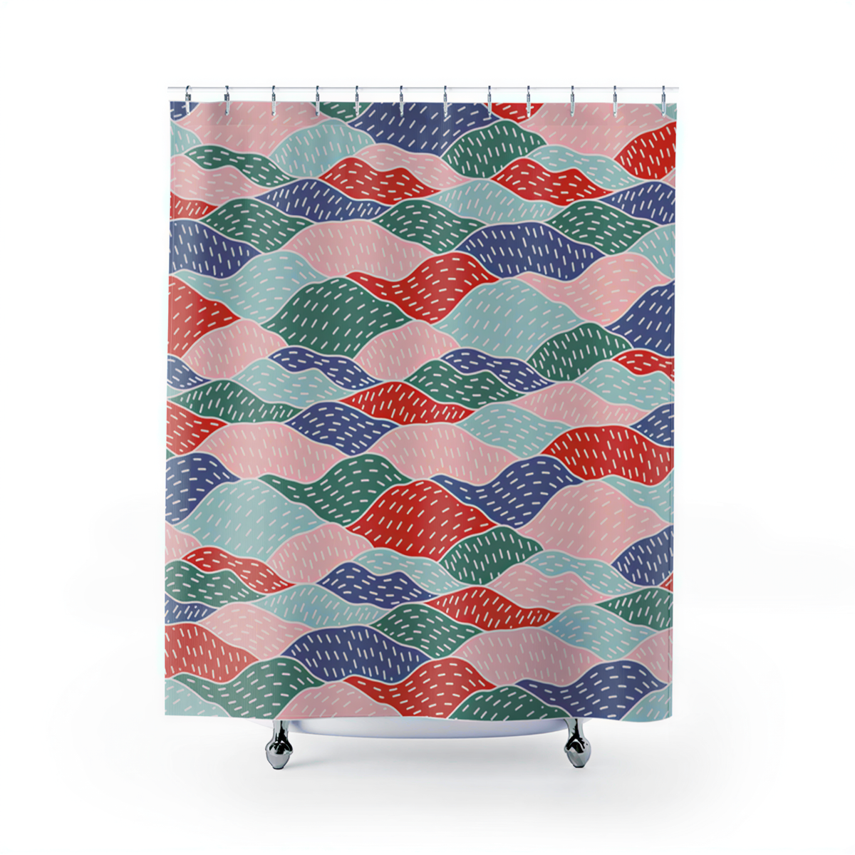 Abstract Shower Curtain Red Green Blue Hills hanging in a bathroom
