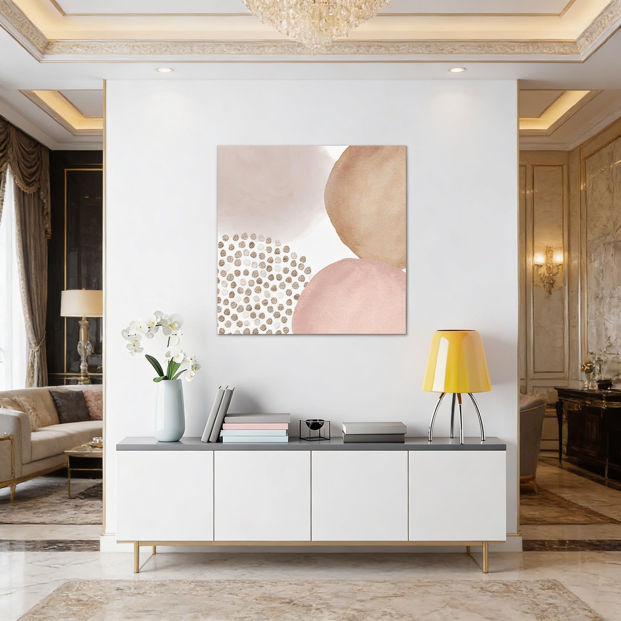 a modern and elegant living room with a large abstract painting on the wall, a white console table with a vase of white flowers and a stack of books, and a yellow floor lamp.