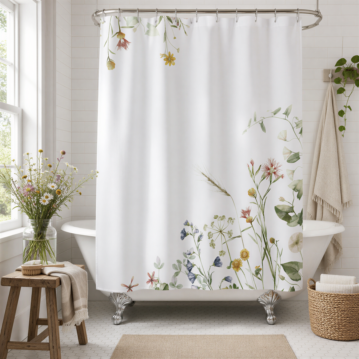 a bathroom with a white bathtub, a shower curtain featuring a floral design, and a wooden stool. The bathroom also includes a window, a towel rack, and a basket.
