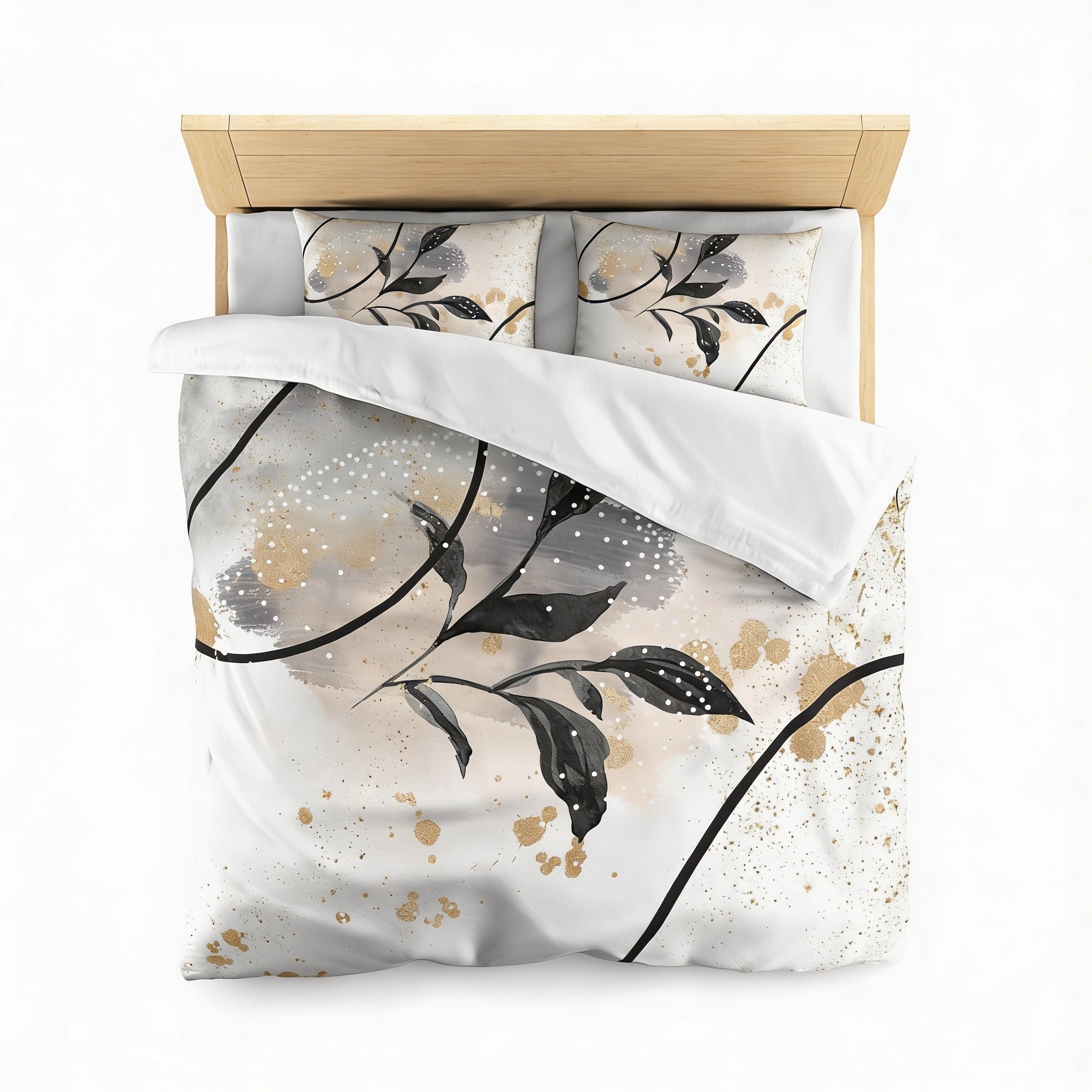 a bed with a white comforter and a black and white leaf design. The bed is set against a white background, and the overall composition is minimalistic and clean.
