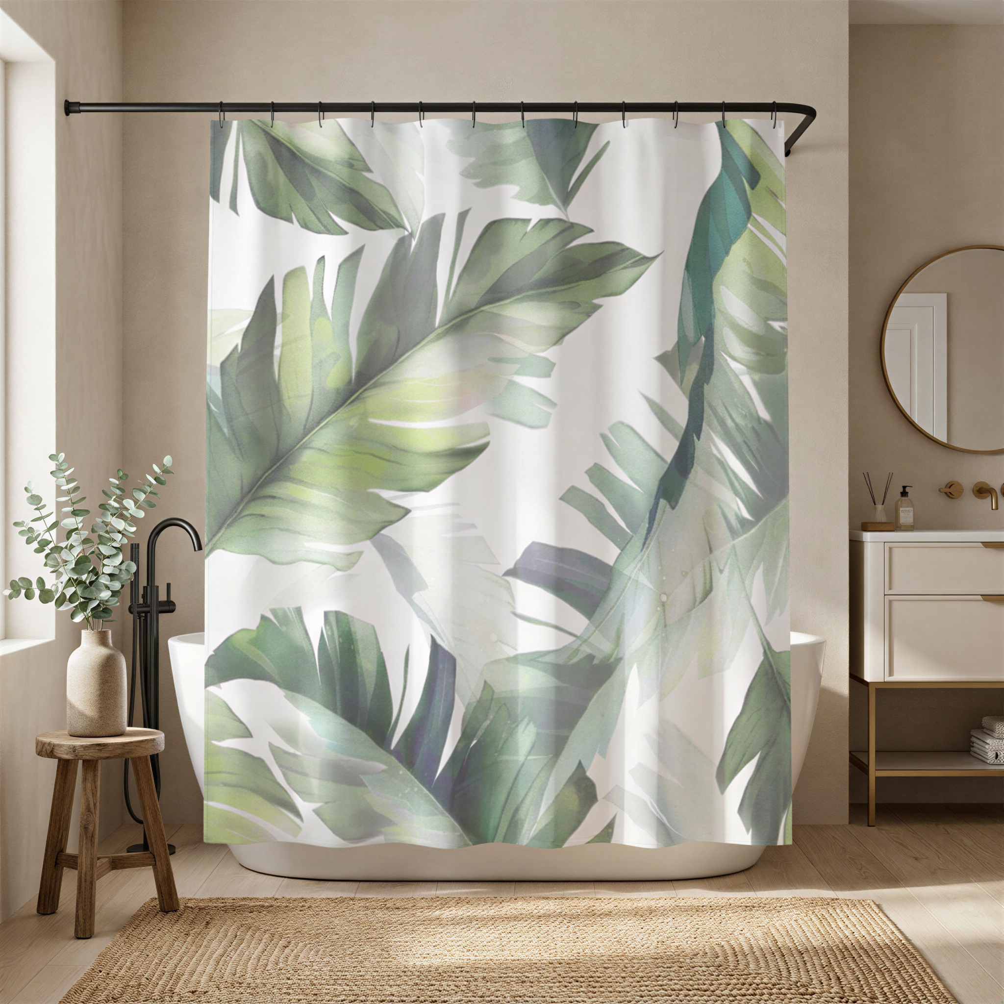a bathroom with a shower curtain adorned with a tropical leaf pattern. The shower curtain is hanging from a rod, and there is a small table with a vase of greenery nearby. The bathroom also includes a sink and a mirror, creating a serene and relaxing atmosphere.
